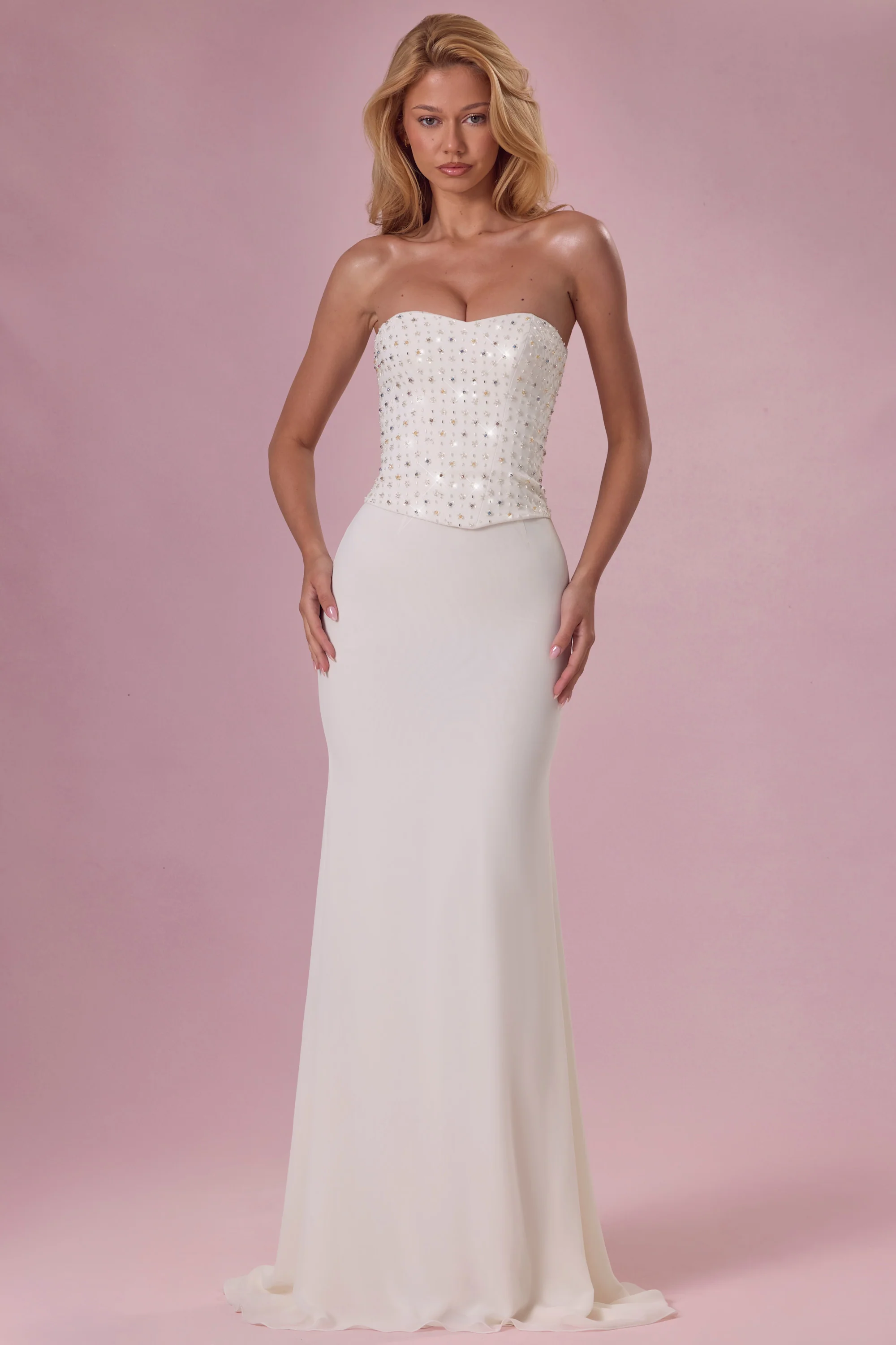 Embellished Corset Strapless Gown in Ivory