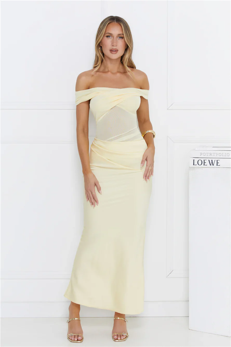 Silent Dreams Mesh Satin Off Shoulder Maxi Dress Yellow - luluinthesky