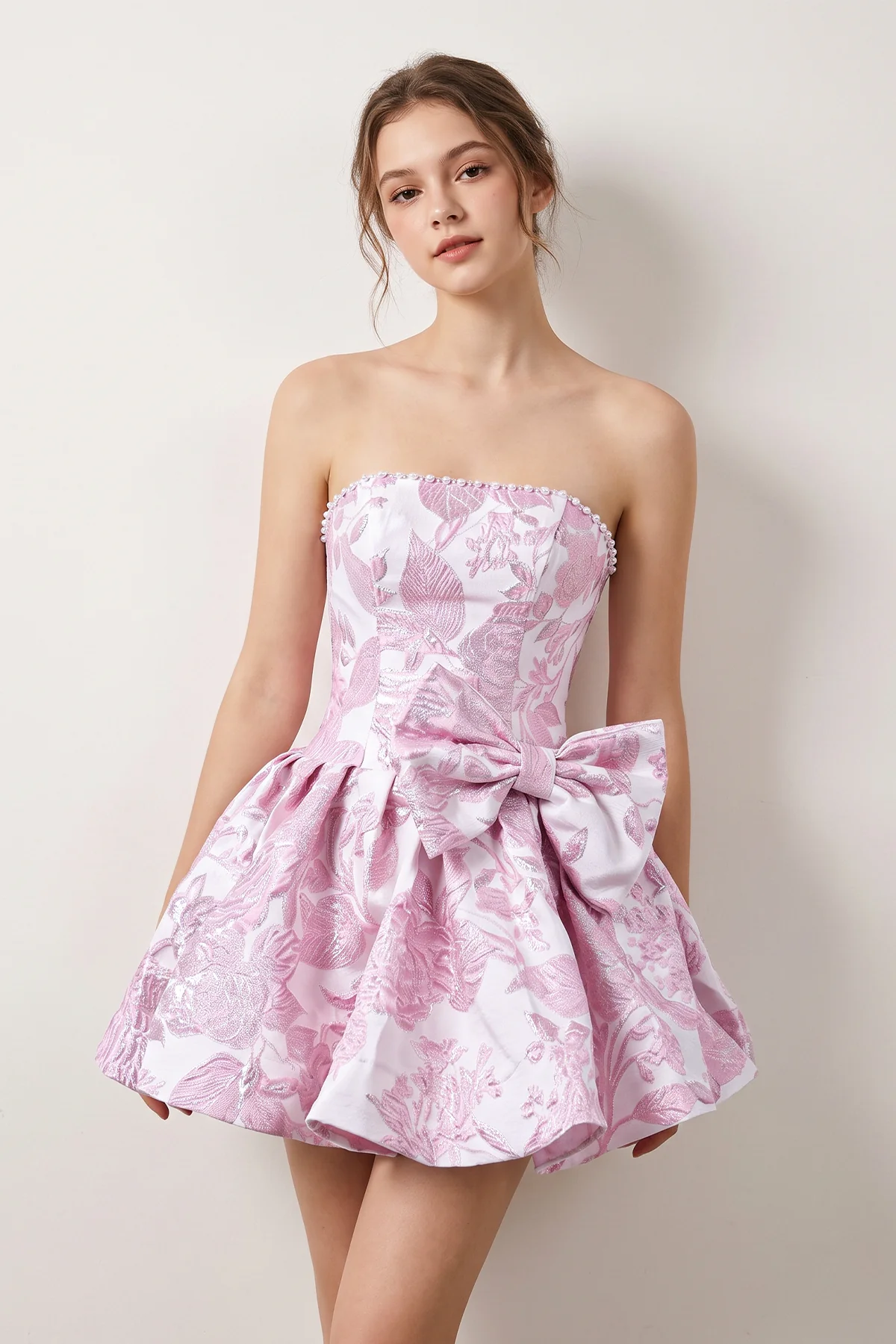 Blue Flower Jacquard Strapless A-Line Bowknot Homecoming Dress With Pearl