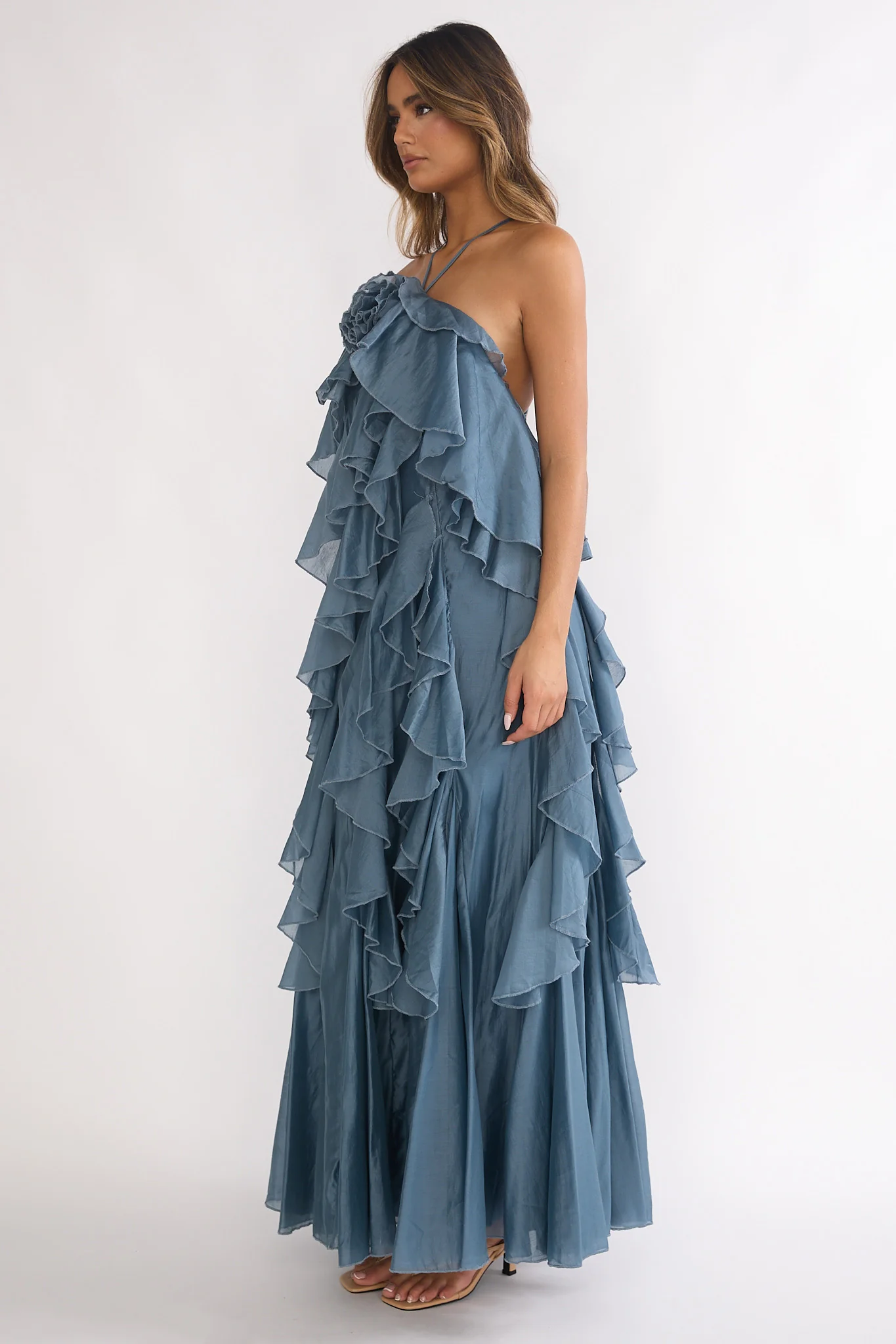 Oceara Ruffle Trim Spaghetti Strap Maxi Dress Slate Blue