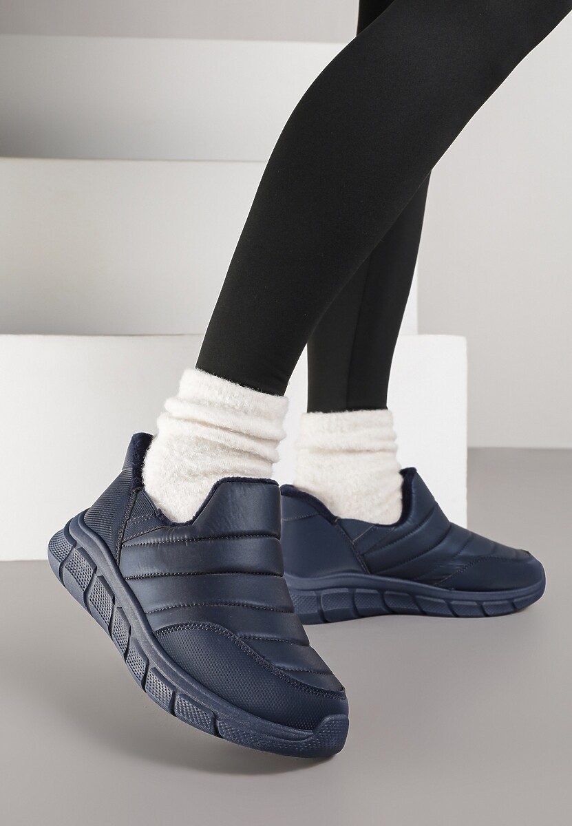 Granatowe Sneakersy Śniegowce na Platformie z Tłoczeniem i Pikowaną Cholewką Vermina