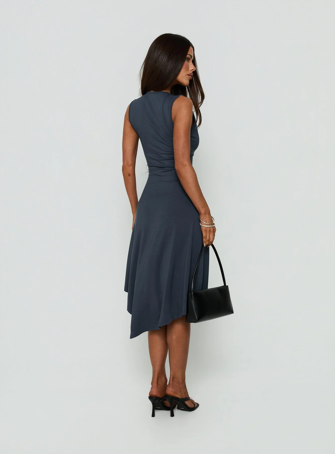 Louisia V Neck Hanky Hem Midi Dress Charcoal - FASHION NOB