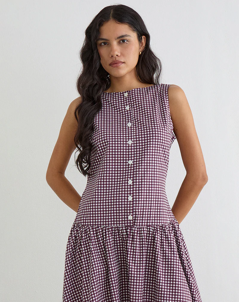 Miriam Midi Dress in Mini Gingham Wine
