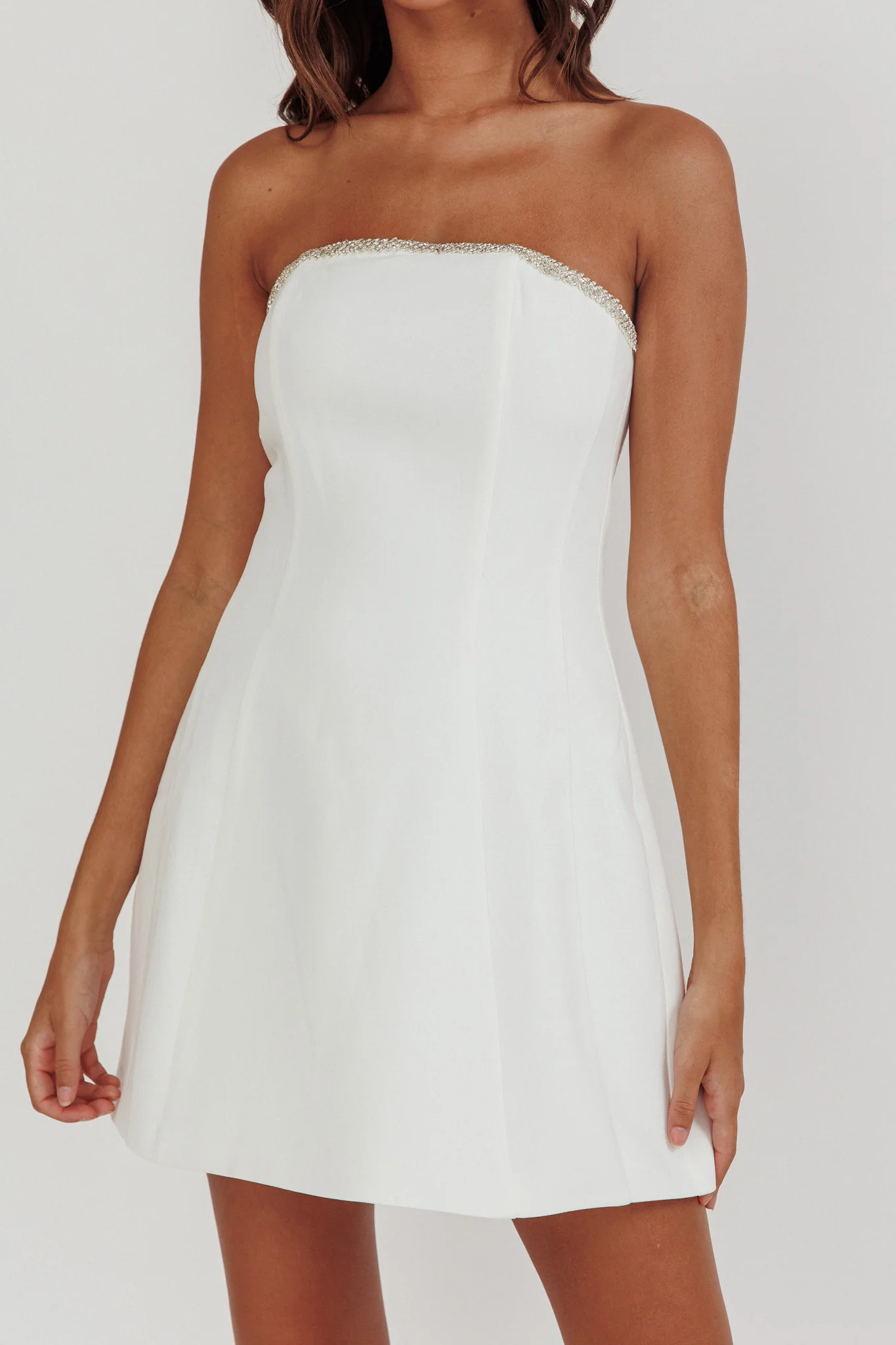 Macaila Rhinestone Trim Strapless Mini Dress Off White - luluinthesky