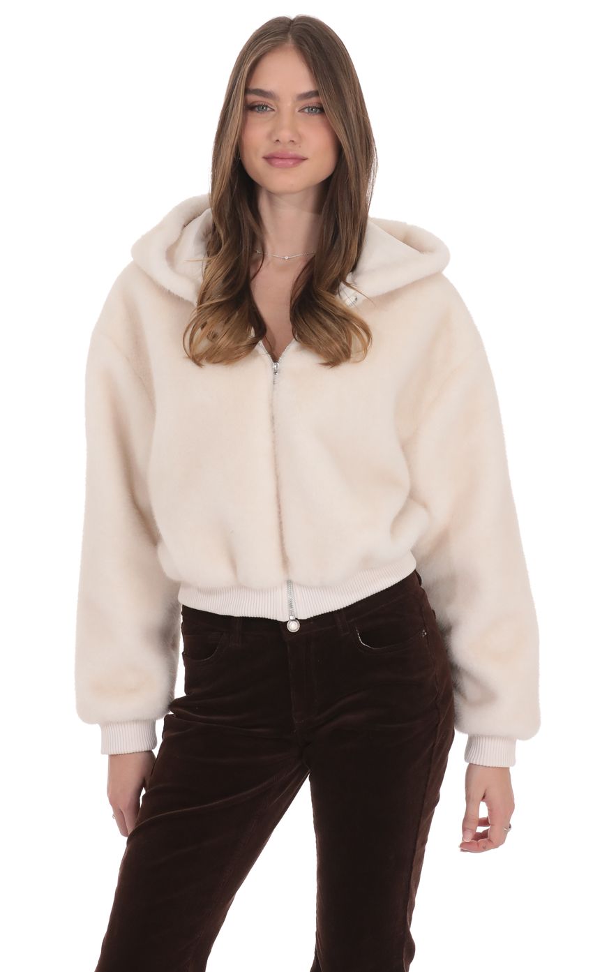 Fuzzy Zip-Up Hoodie in Ivory
