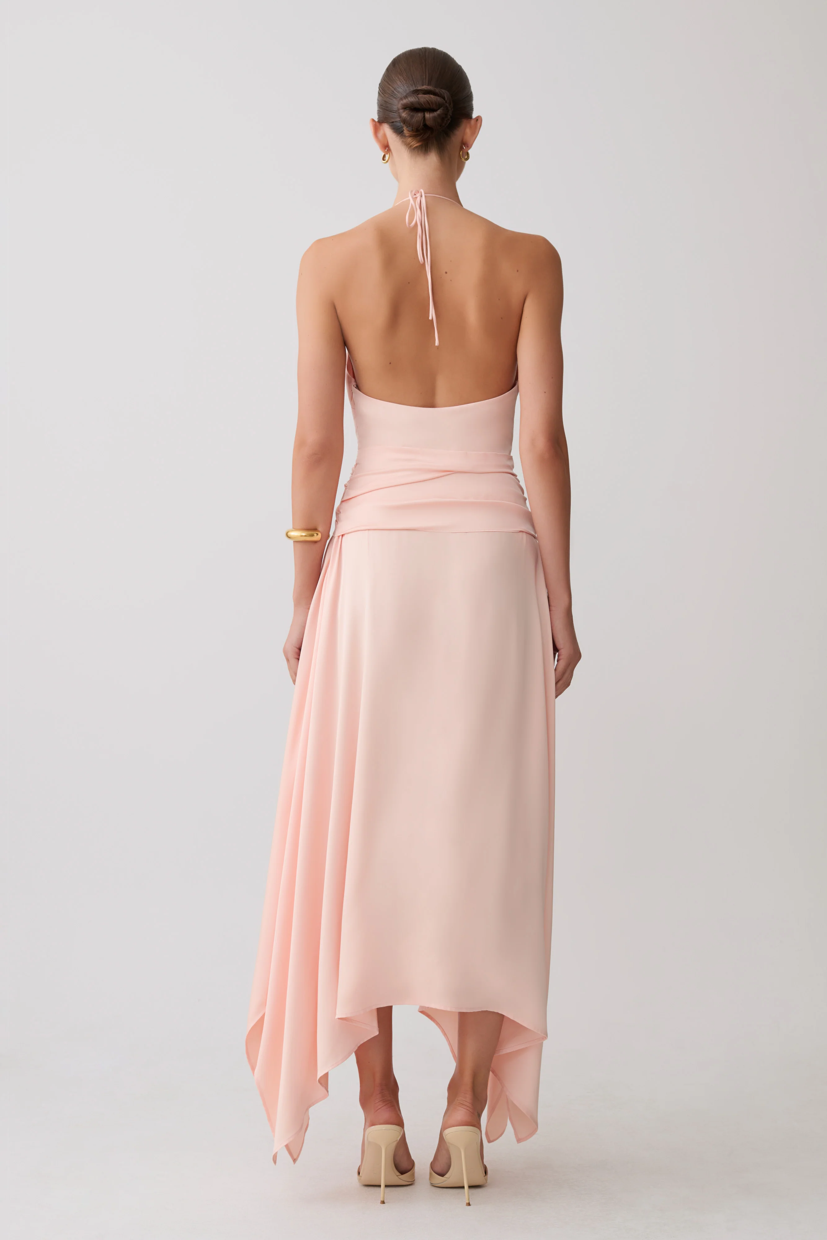 Cyra Plunge Satin Midi Dress - Peach