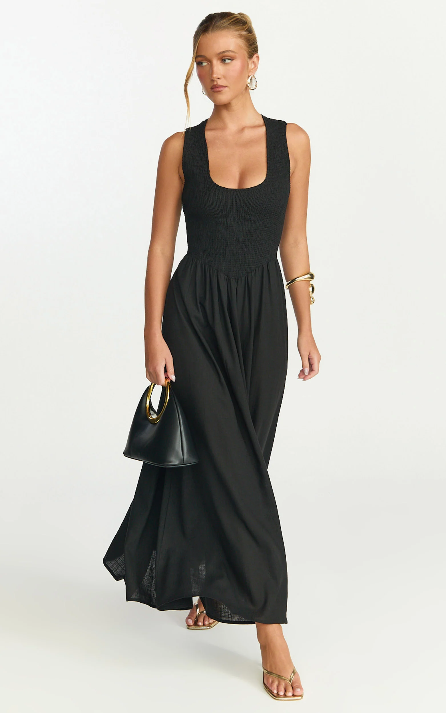 Luciana Maxi Dress - U Neck Smock Dress in Black
