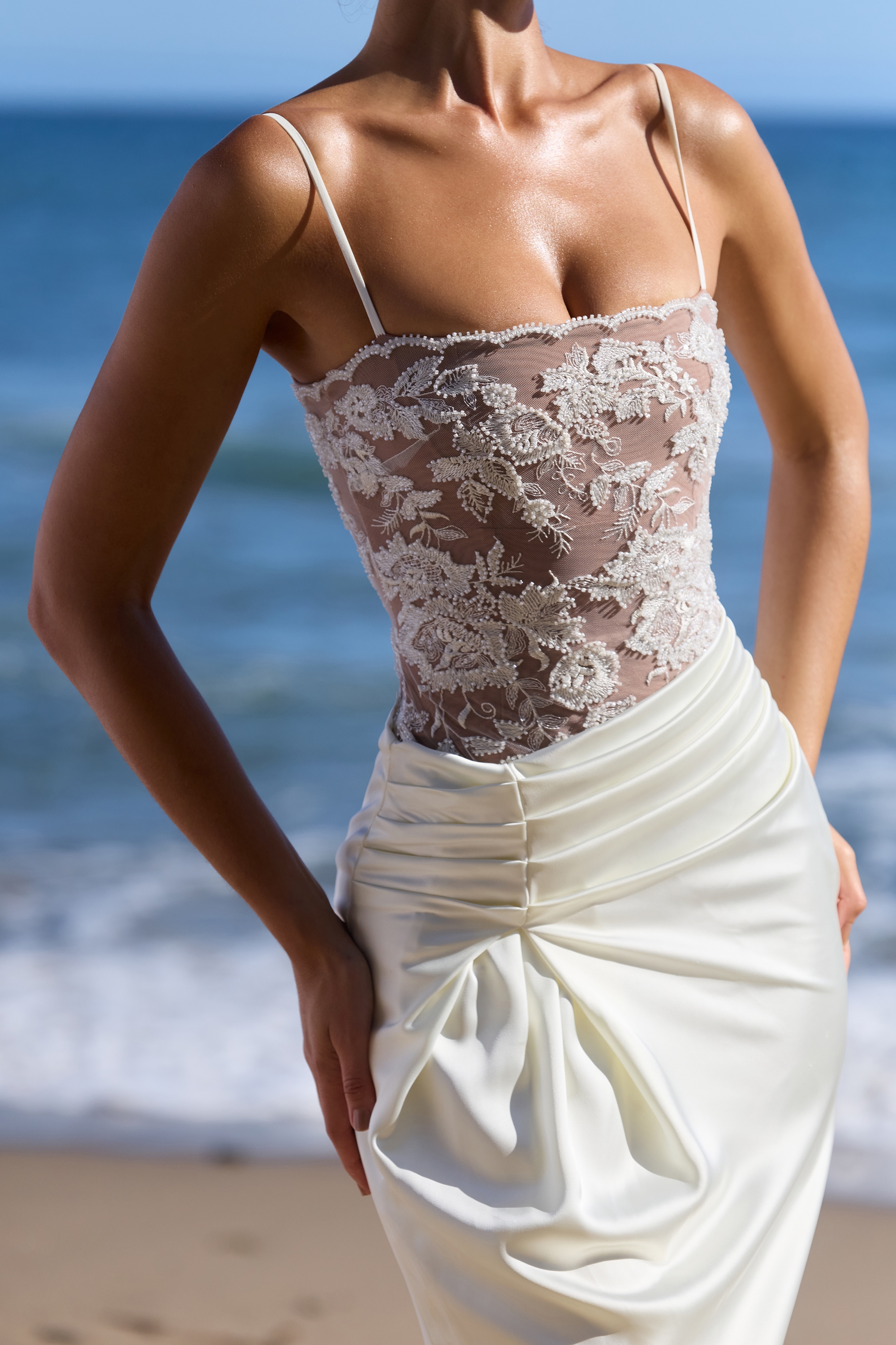 white embellished lace and satin maxi dress