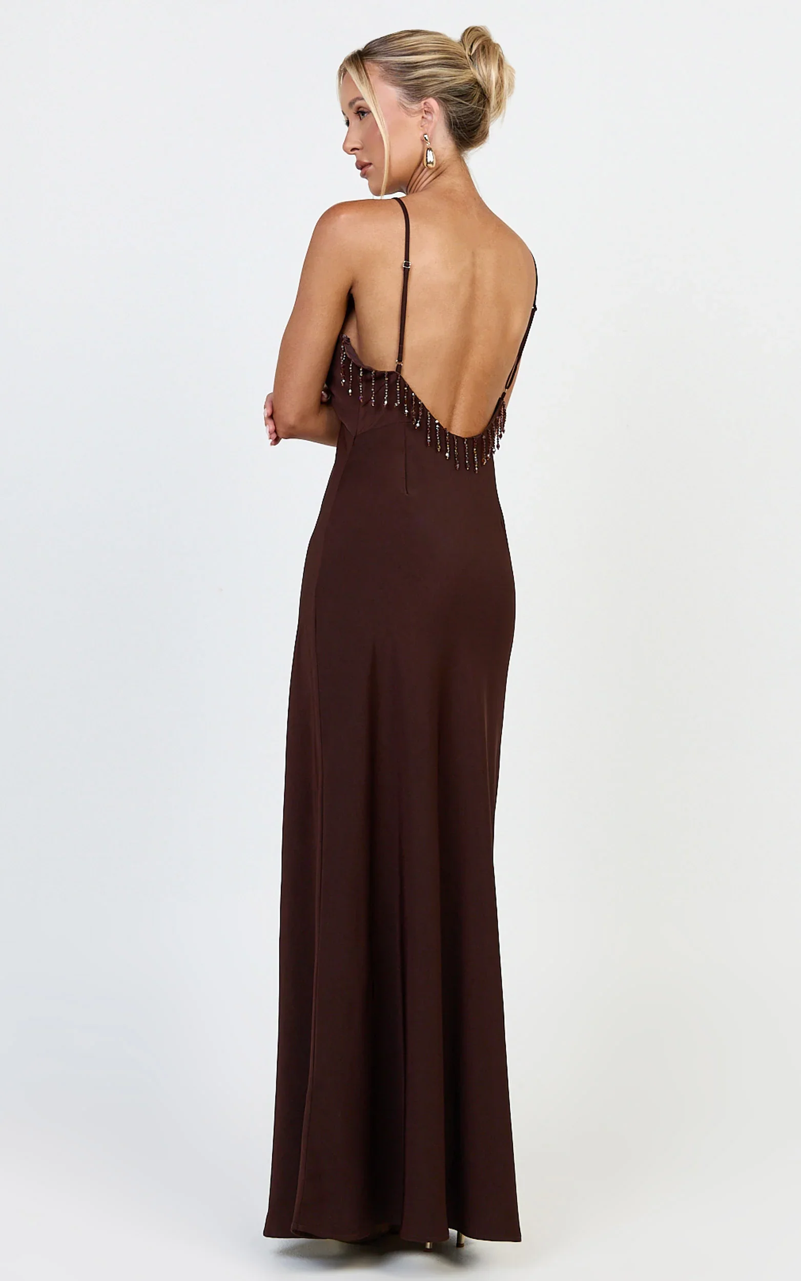 Azura Maxi Dress - Backless Beaded Trim Dress in Chocolate