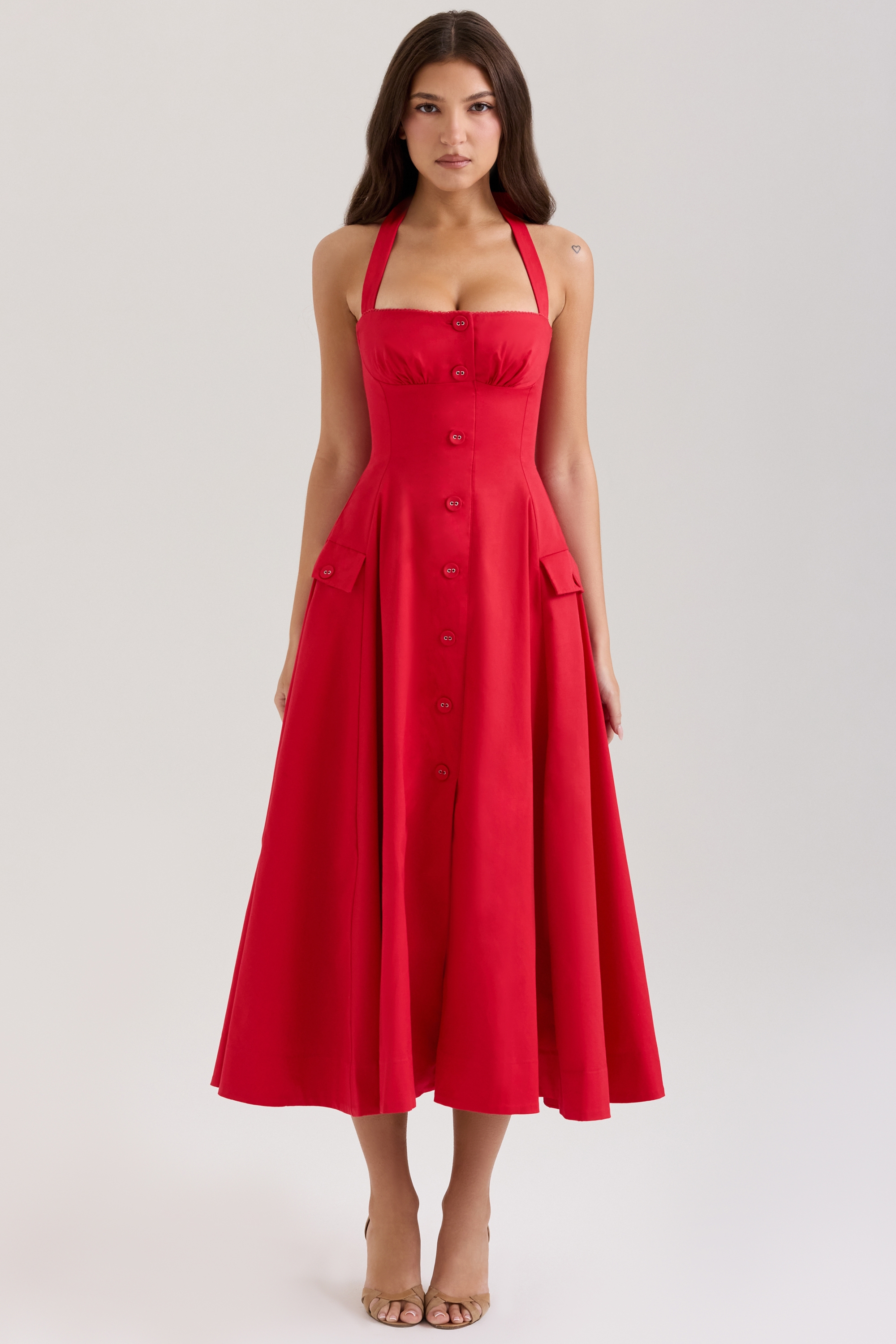 red stretch cotton button halter neck midi dress