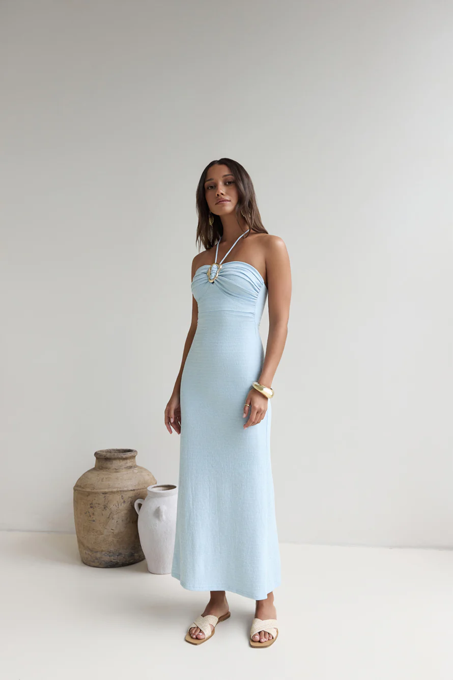 Karmic Blessing Strapless Halter Maxi Dress Blue