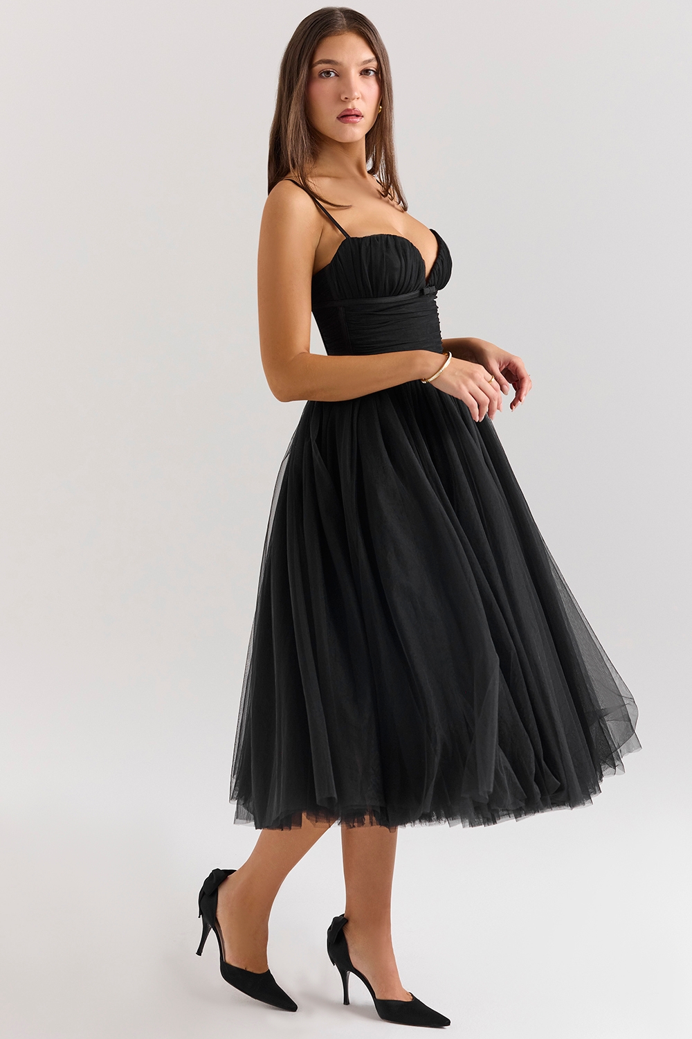 Black Tulle Ruched Bodice Midi Dress
