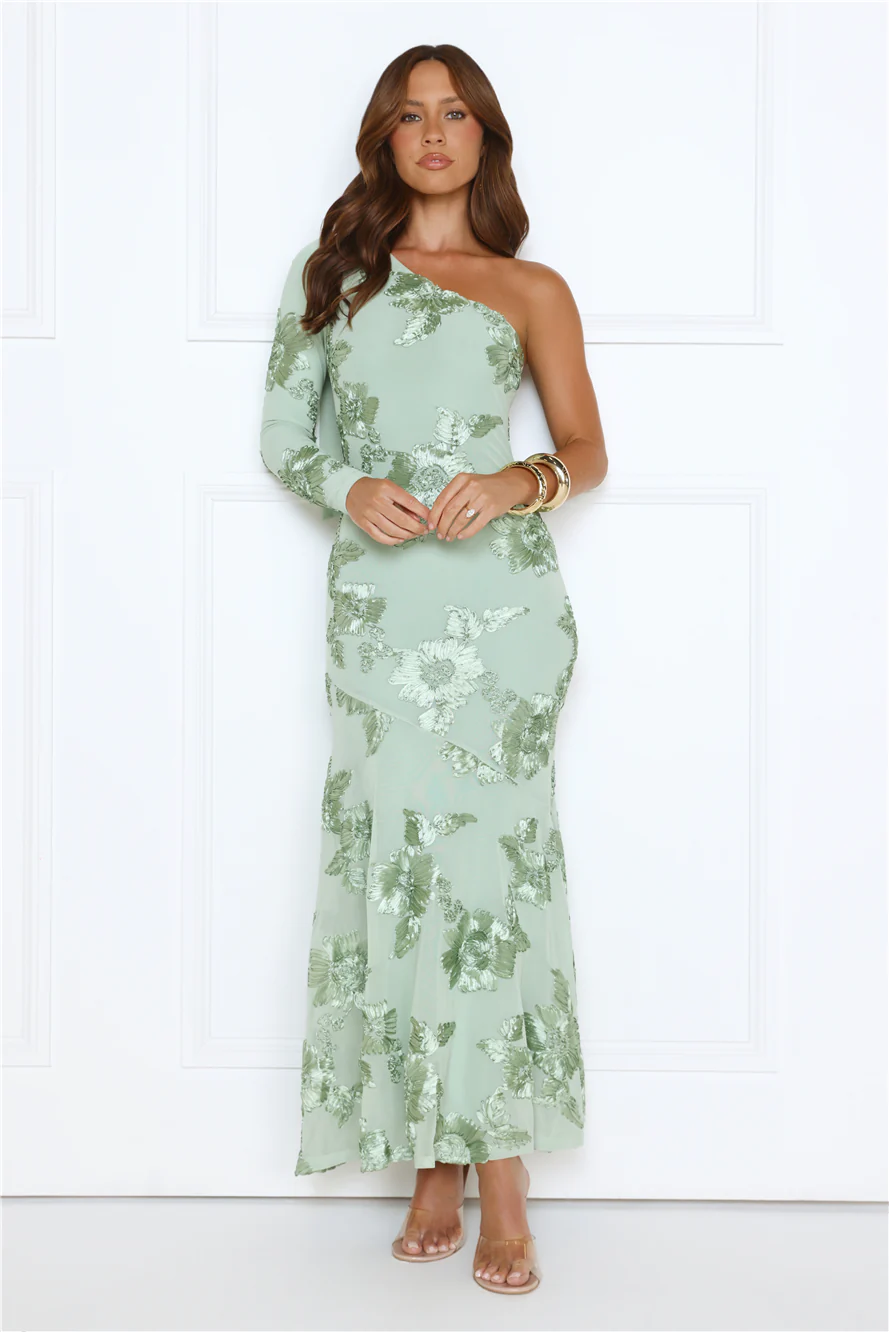 Glow Queen Energy One Shoulder Maxi Dress Sage