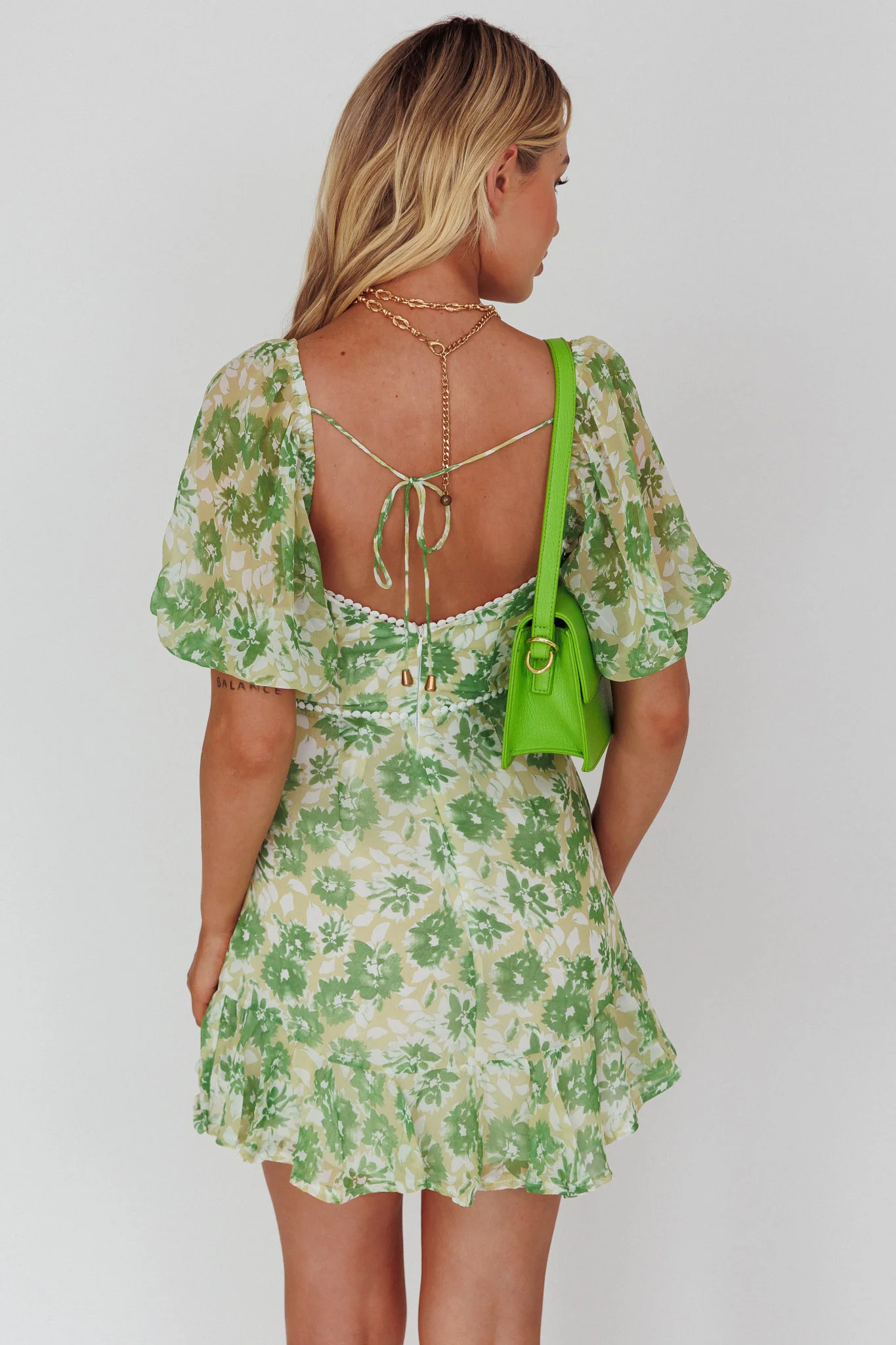 Catch Feelings Sweetheart Neckline Dot Trim Dress Floral Green