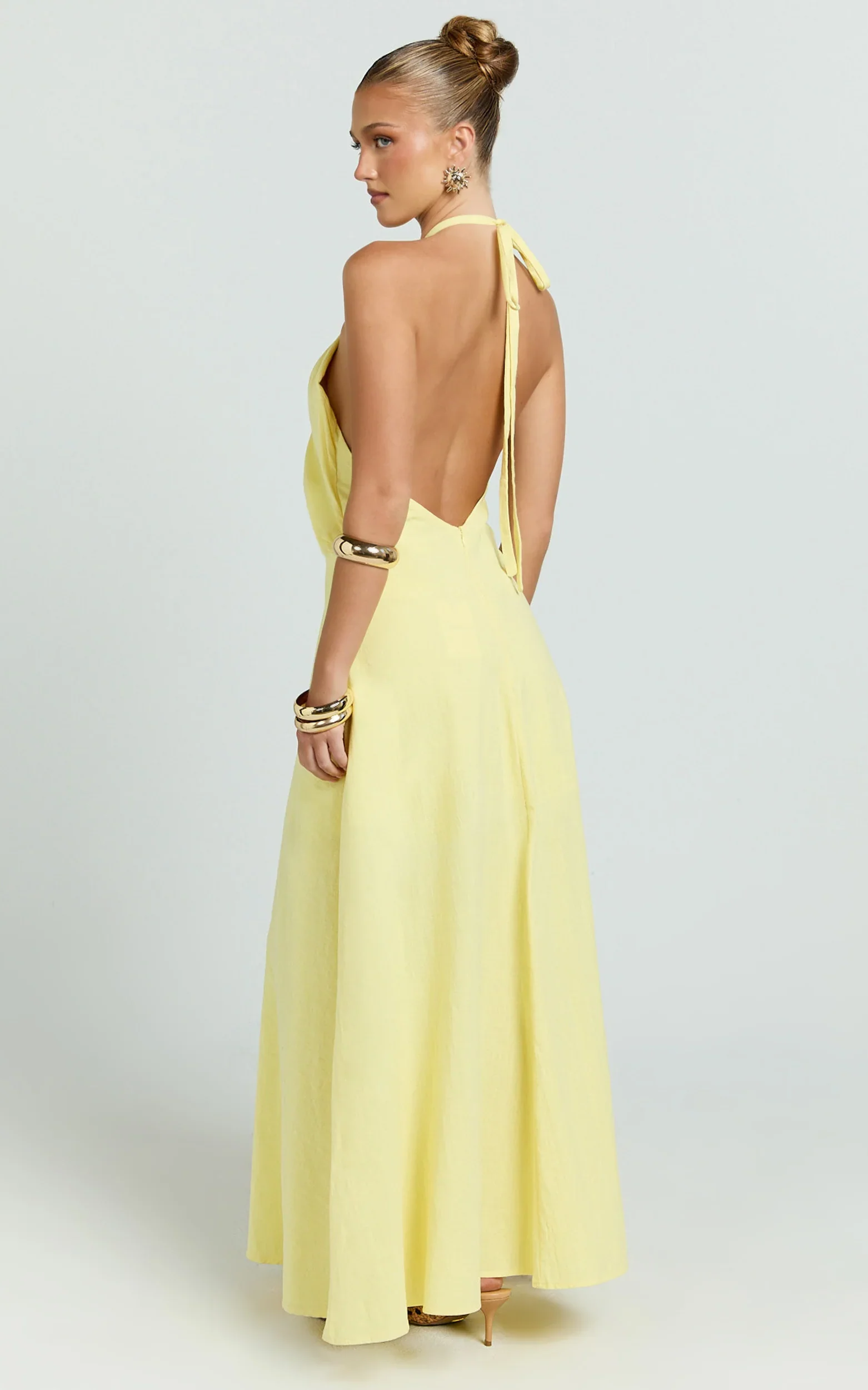 Violetta Maxi Dress - Backless Linen Look Hater Neck Dress in Lemon
