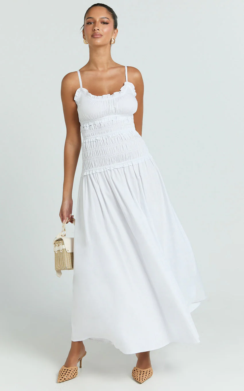 Cami Midi Dress - Rushed Bodice Dress in White - luluinthesky
