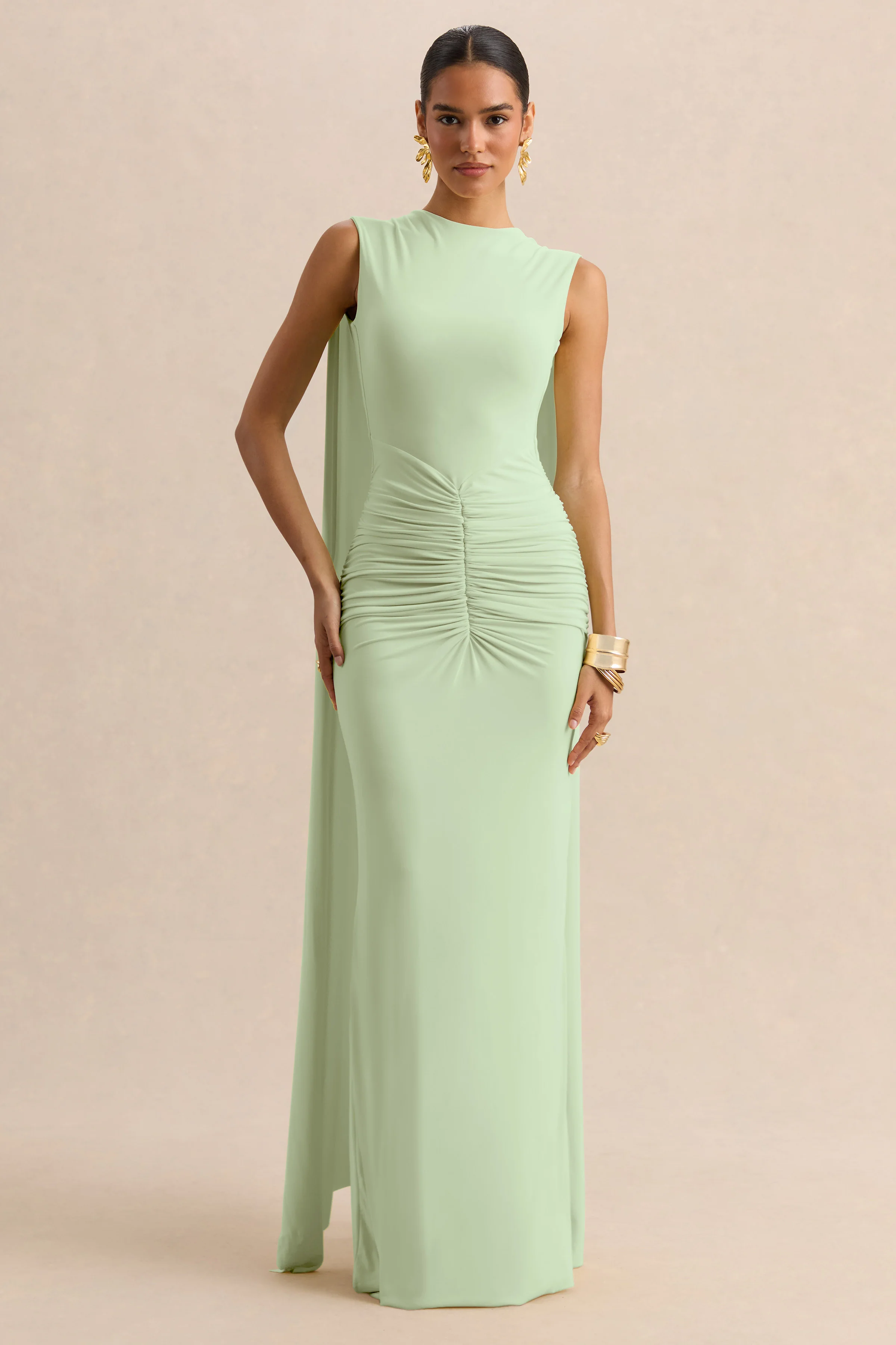 Premiere | Mint Boat-Neck Maxi Dress With Cape-Sleeves And Open-Back