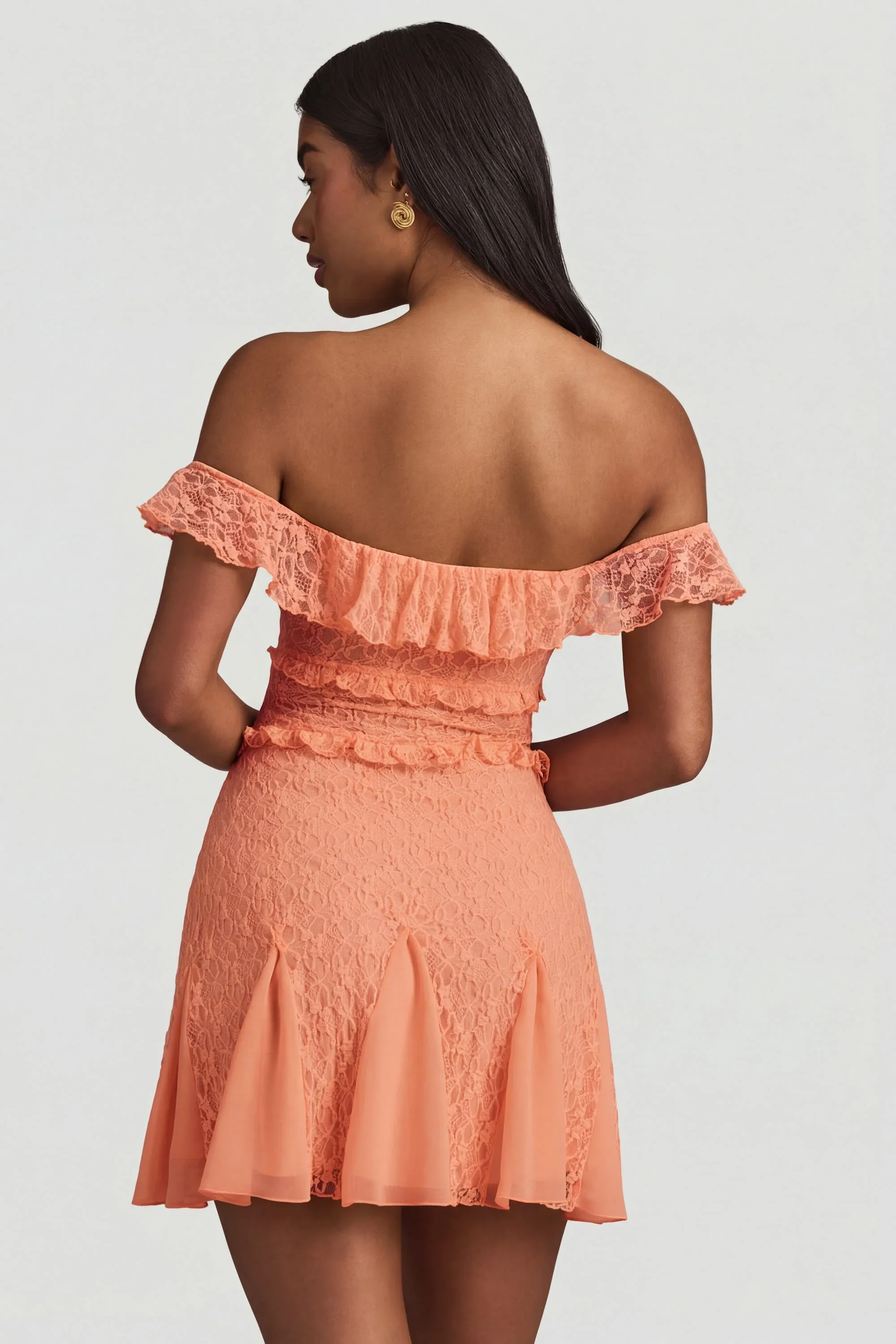 Off-Shoulder Lace A-Line Mini Dress in Peach - FASHION NOB