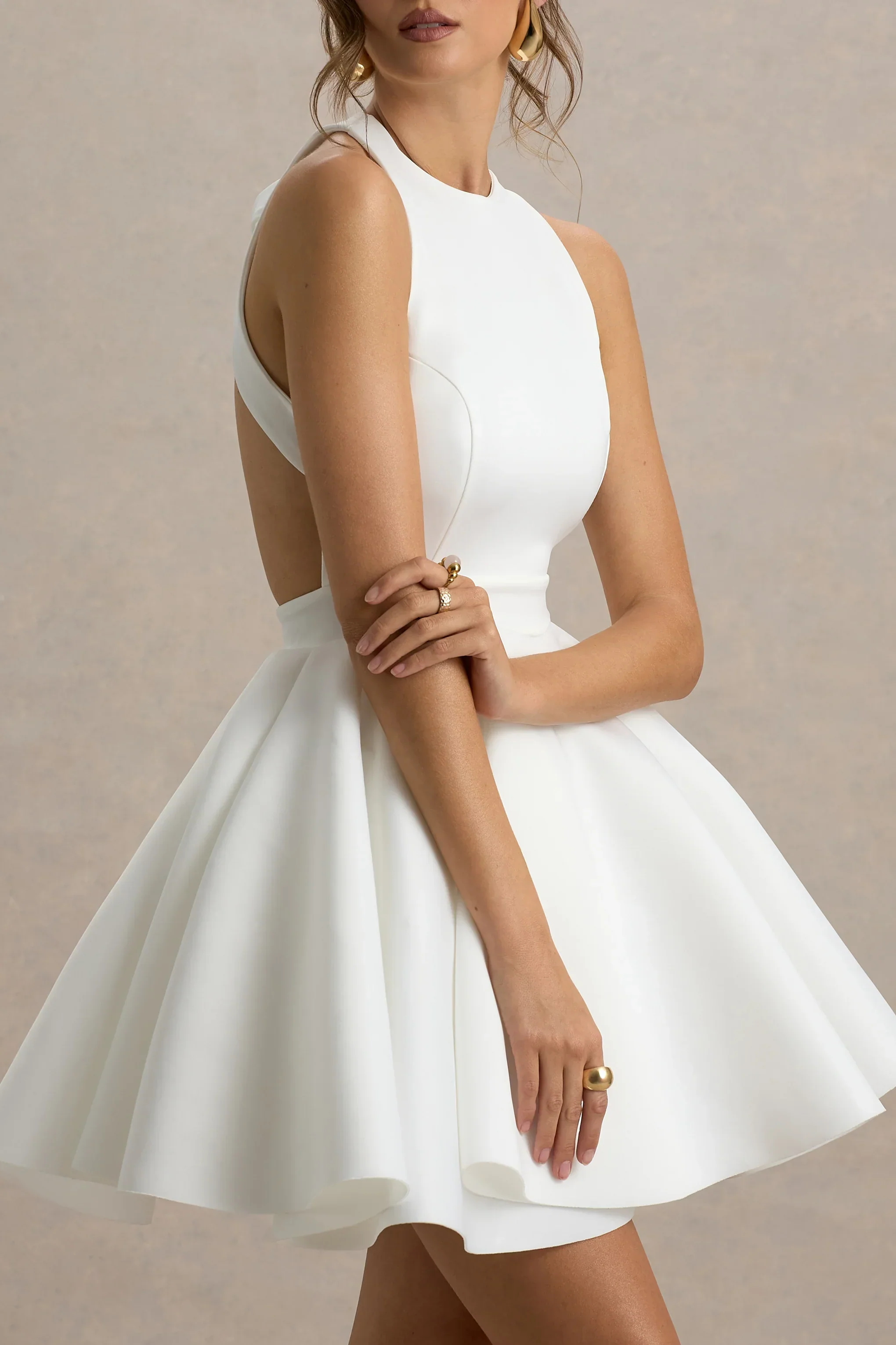 Waverly | White Racer-Neck Sleeveless Skater Mini Dress - luluinthesky