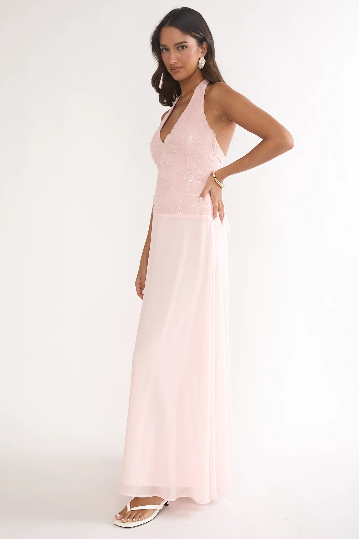 Blushing Belle Embellished Halter Maxi Dress Blush - luluinthesky