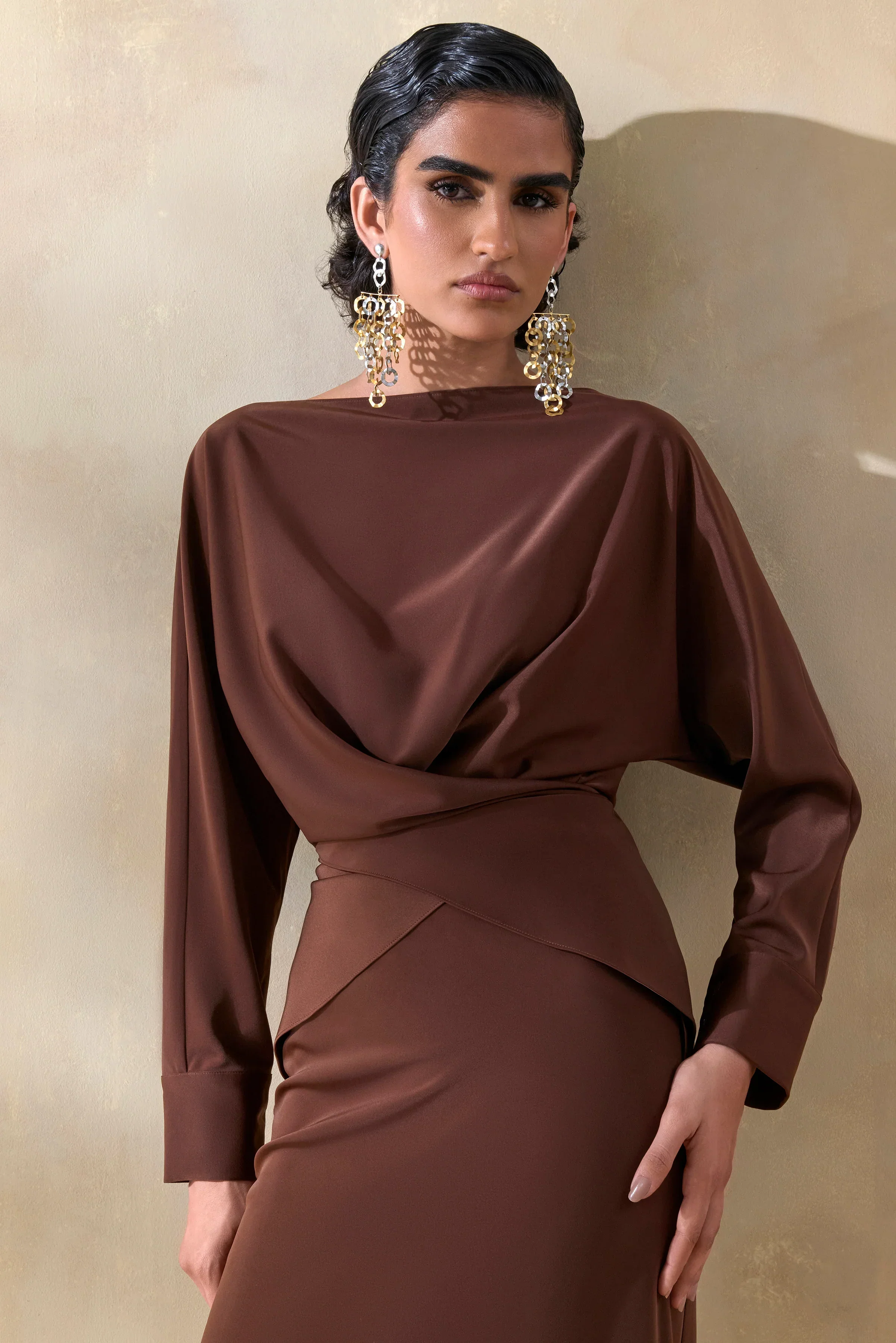 Miravia | Brown Satin Wide-Neck Long-Sleeve Top