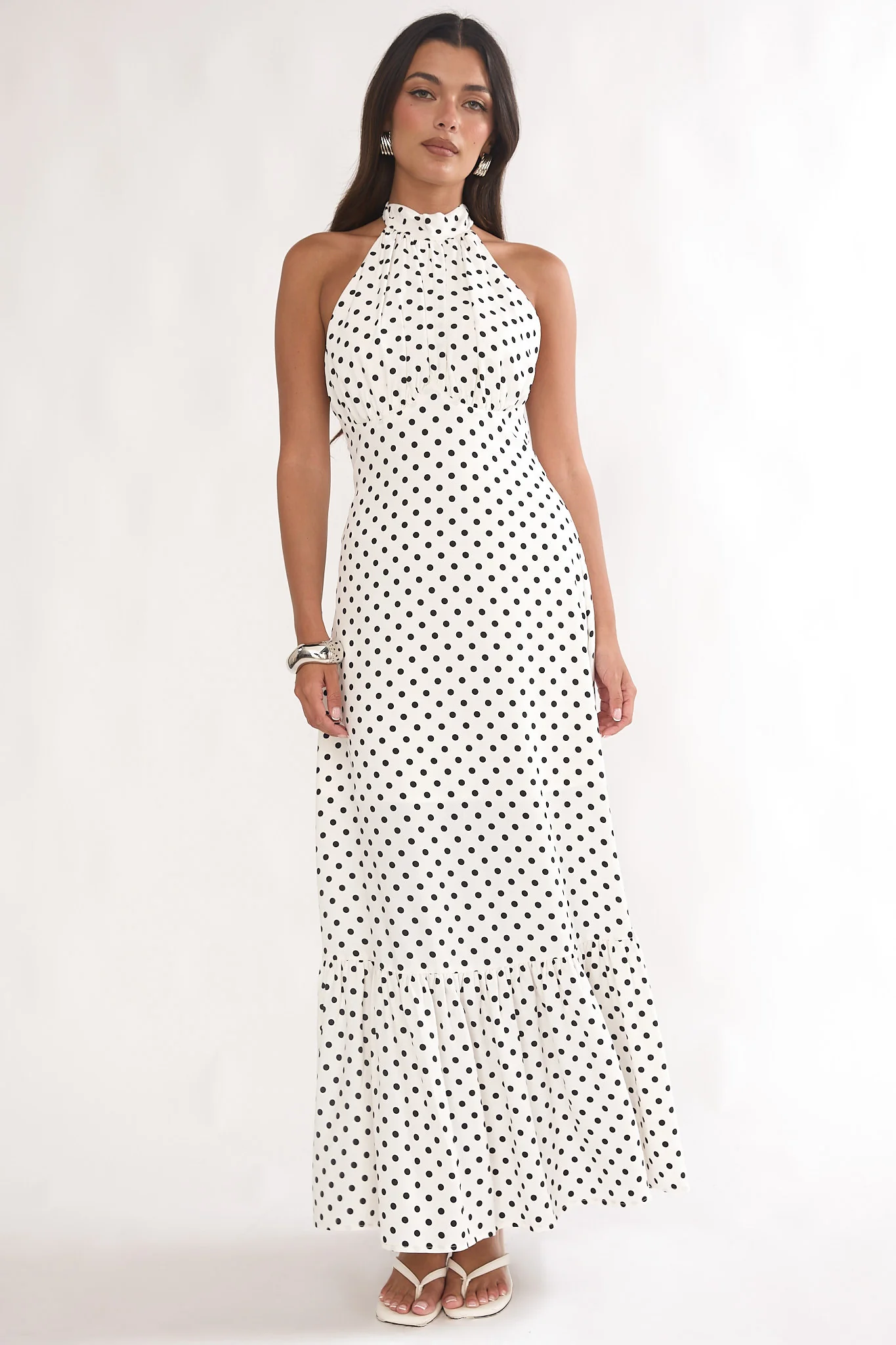 Romana High Neck Halter Maxi Dress Polka Dot White