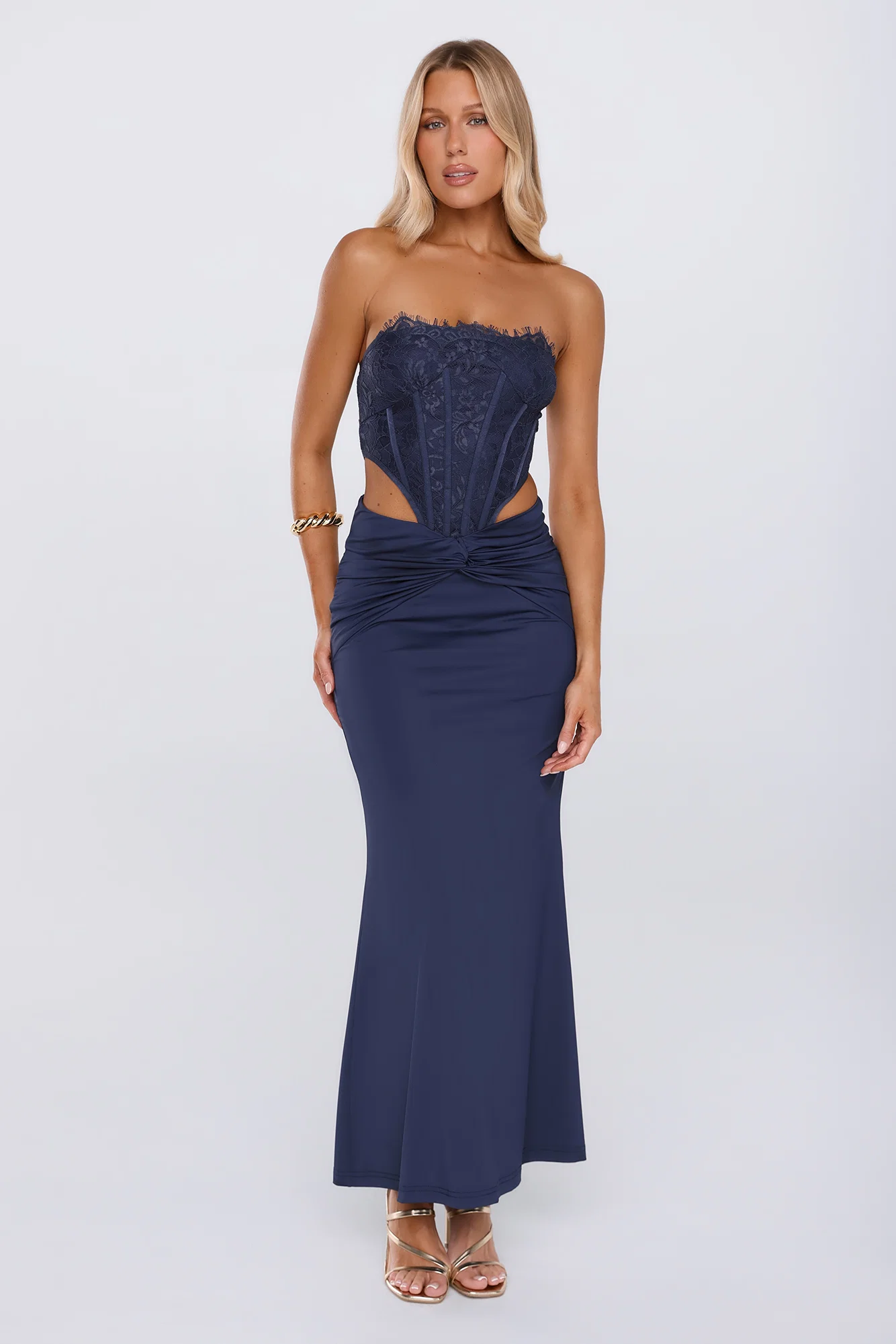 Styled Different Lace Strapless Maxi Dress Navy