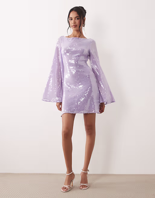 sequin waterfall sleeve mini dress in lilac