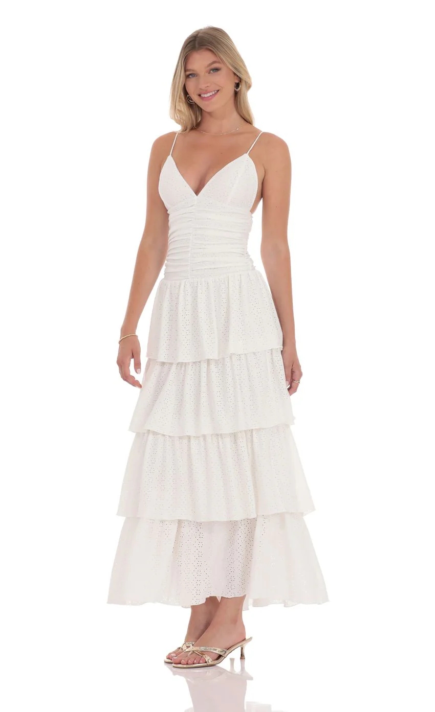 Ruched Ruffle Eyelet Maxi Dress in White
