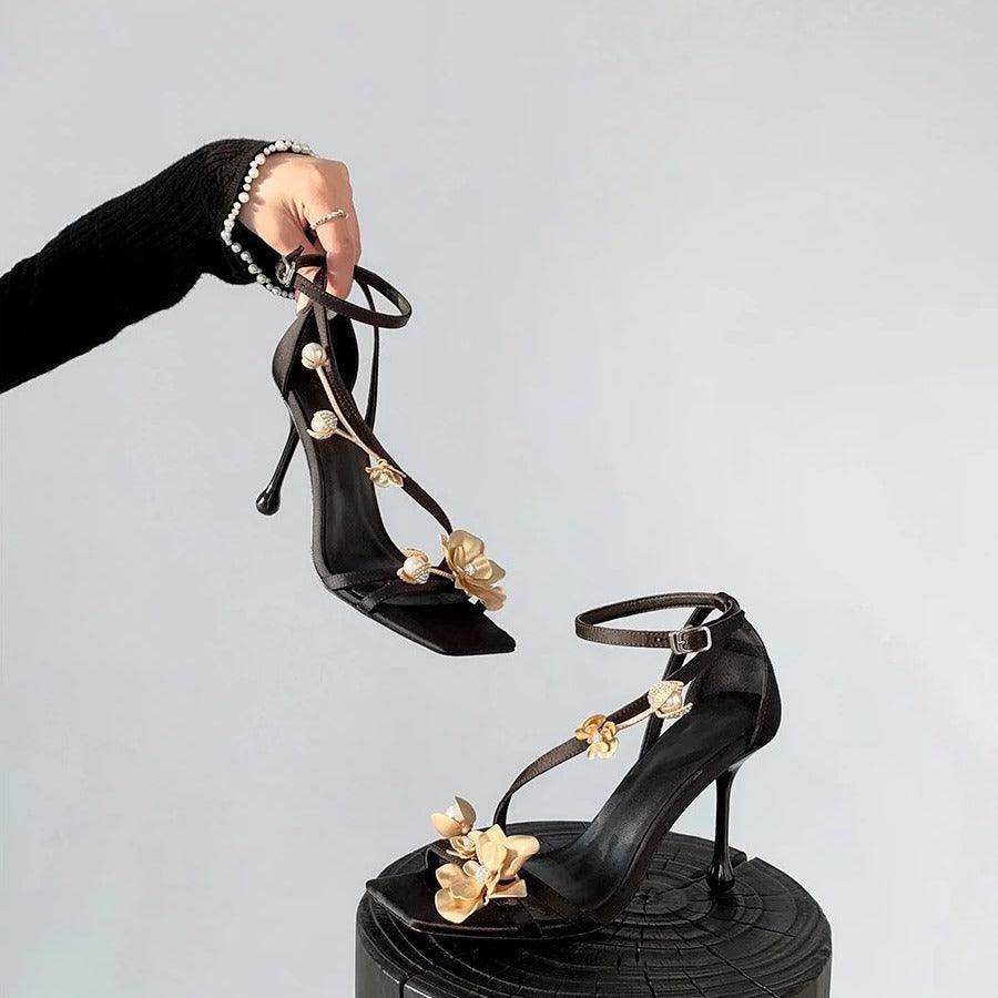 Black Satin 3D Flowers Ankle Strap Square Stiletto heel Sandals 775344564716