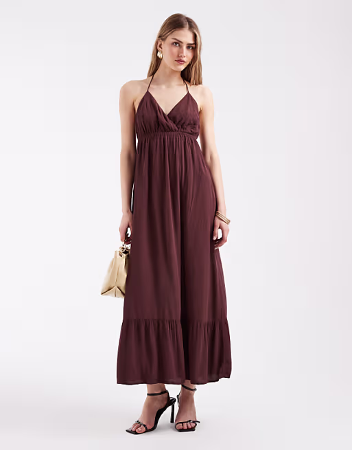 PIECES crinkle halter neck maxi dress in deep mahogany brown