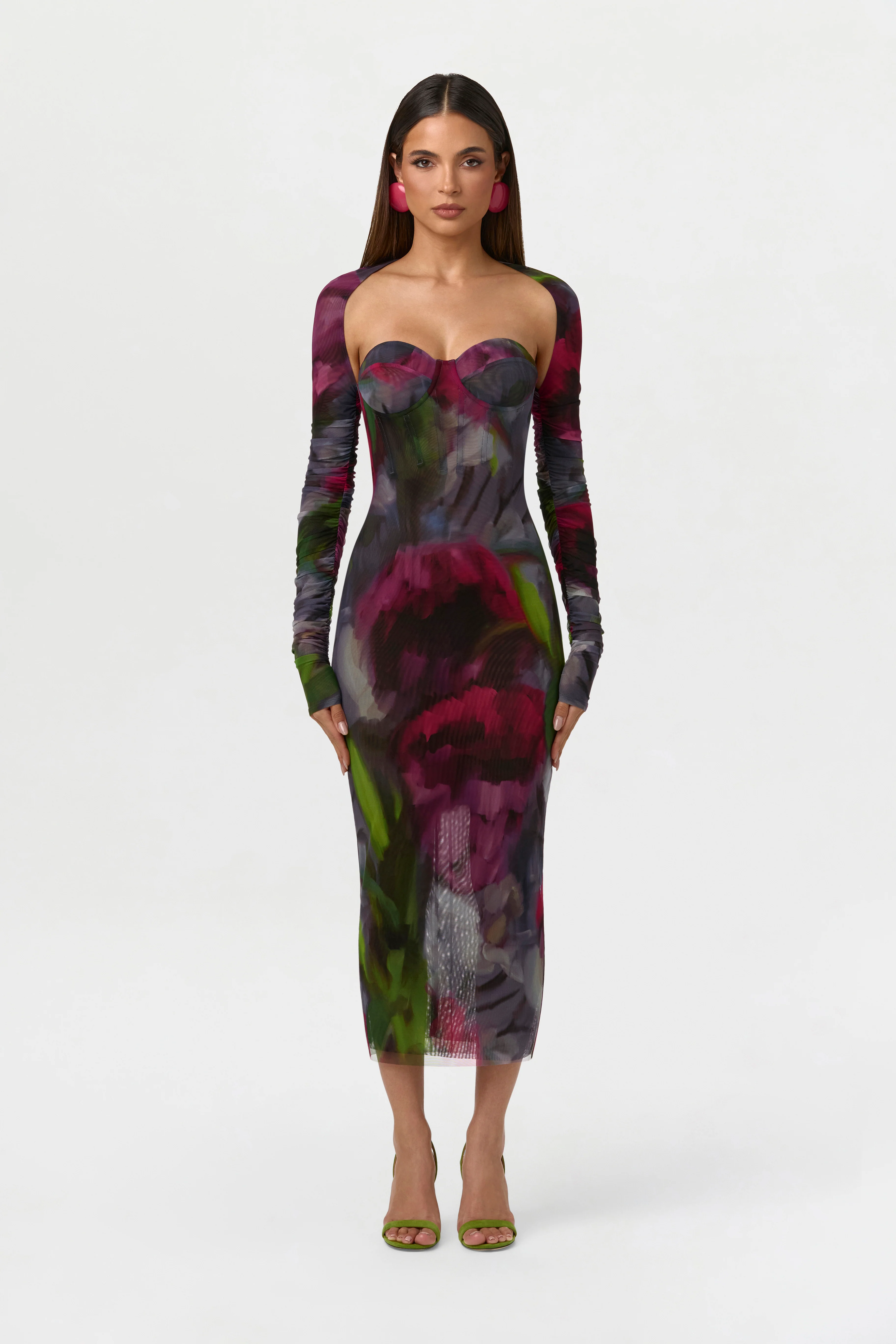 Mesh Print Bolero Midi Dress