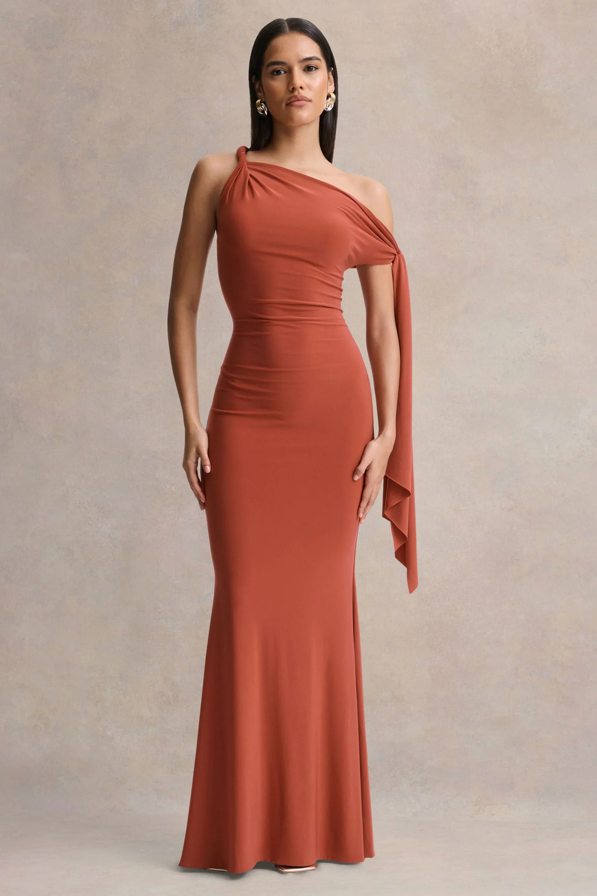 Vista | Rust Asymmetric-Neck Maxi Dress With Knot-Sleeve Detail