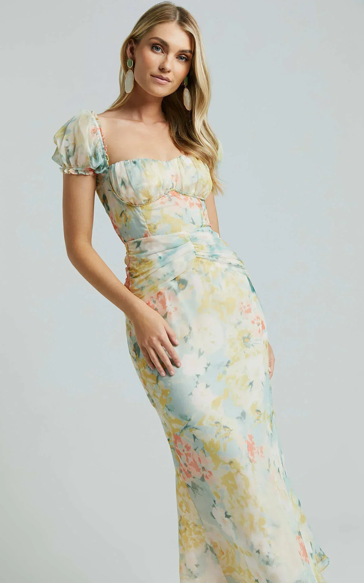 Debina Maxi Dress - Sweetheart Neckline Short Sleeve Dress in Yellow