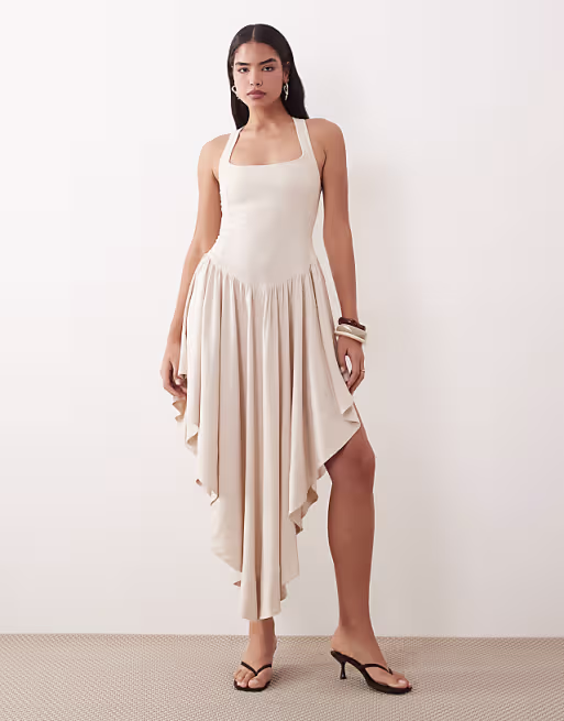 washed linen blend wide halter neck maxi dress with volume skirt in off white