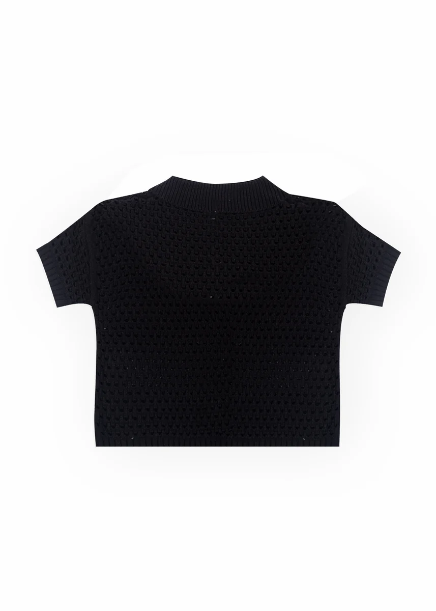 Short-Sleeve Crochet Collared Sweater Top