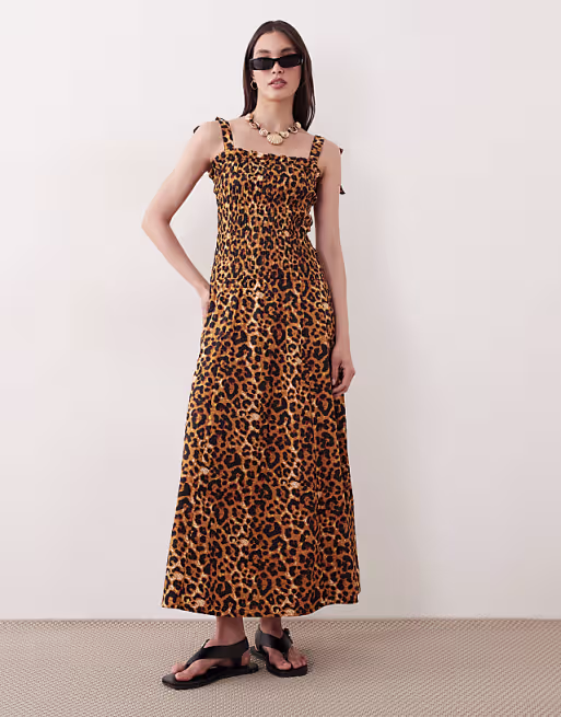 Esmée tie strap maxi beach dress in leopard print
