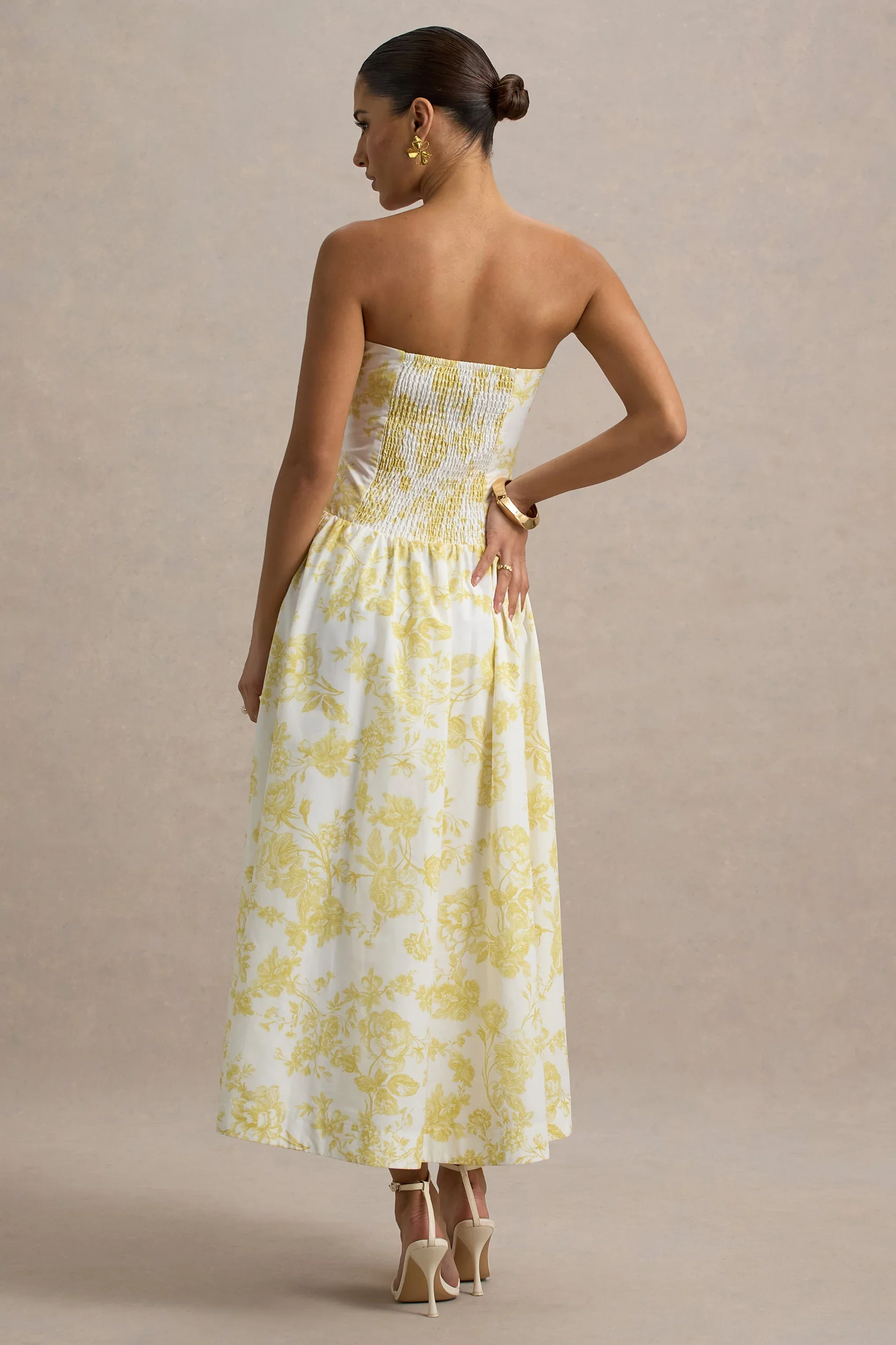 Bluebell | Lemon Porcelain Print Poplin Bandeau Drop-Waist Midi Dress
