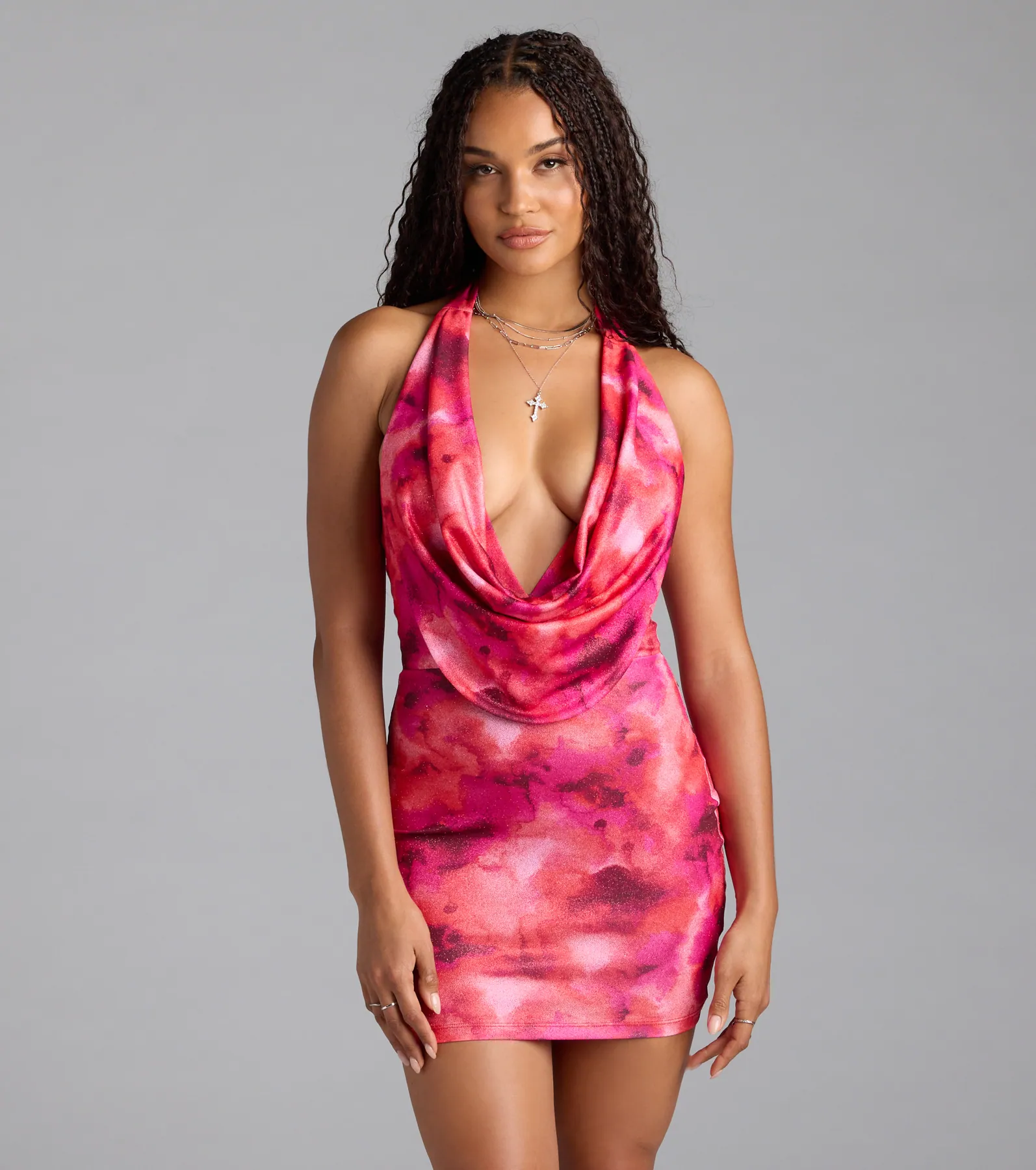 Glitzy Fab Abstract Print Halter Mini Dress