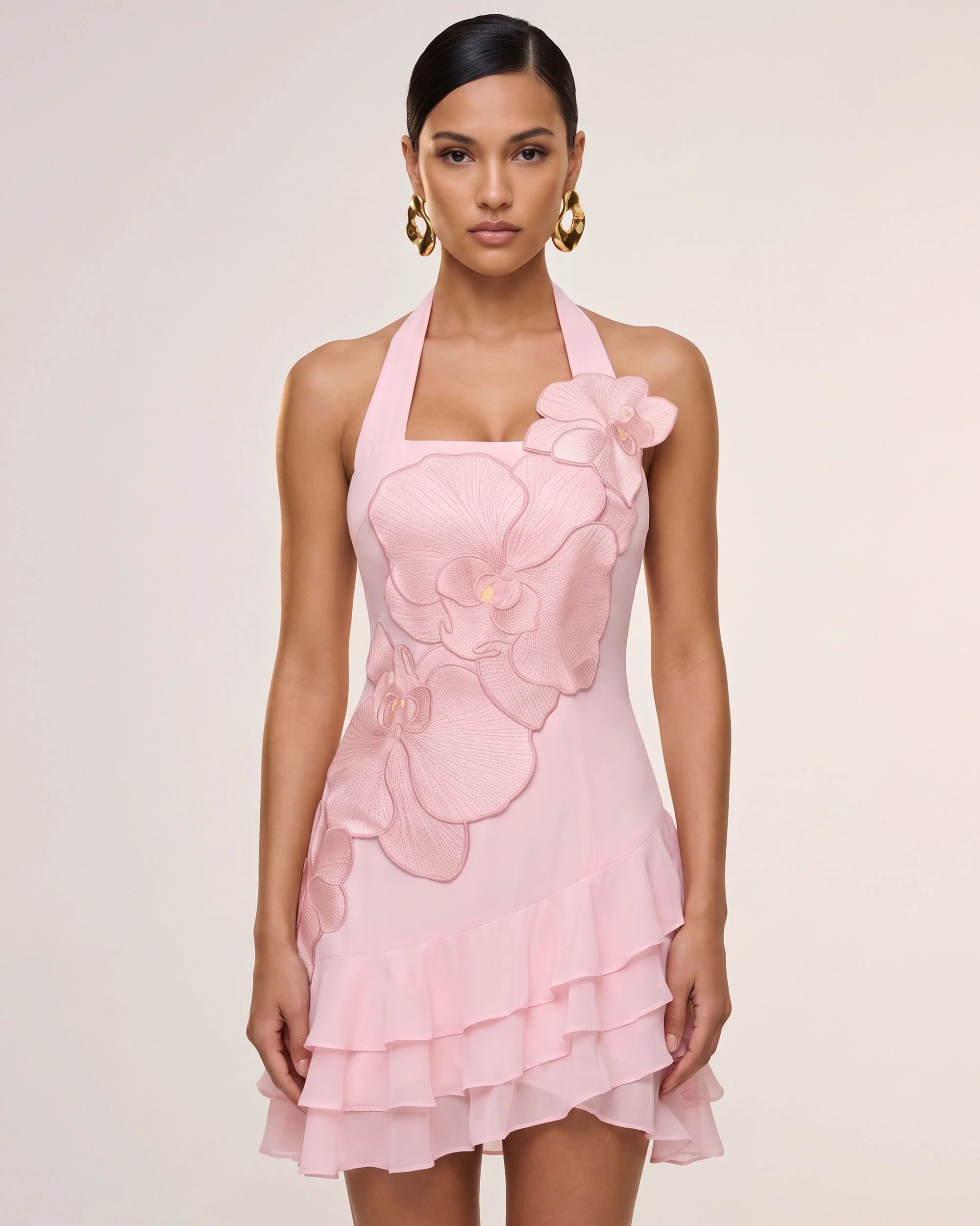 Orchid Embroidered Halter Ruffle Mini Dress - Pink