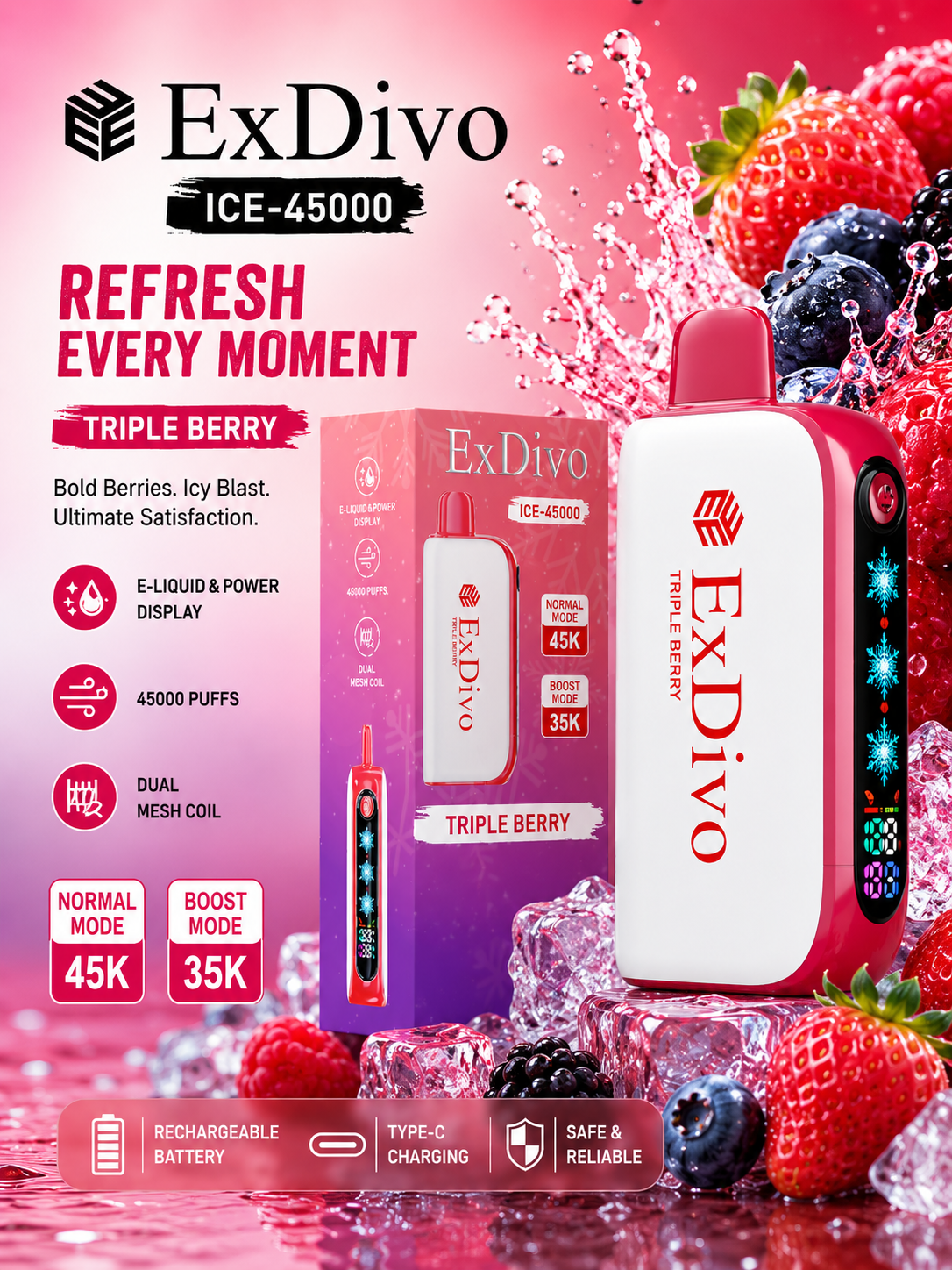 ExDivo Ice Flame Vape 45000 Puffs——TRIPLE BERRY