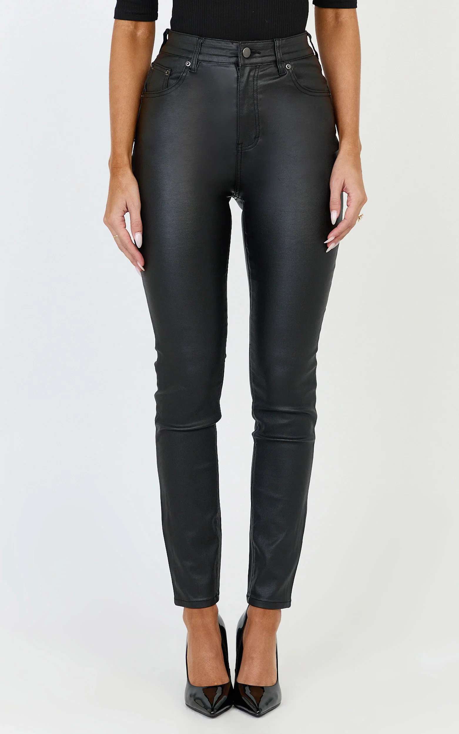 Whinnie Jeans - High Waist Skinny Coated Denim Jeans in Black