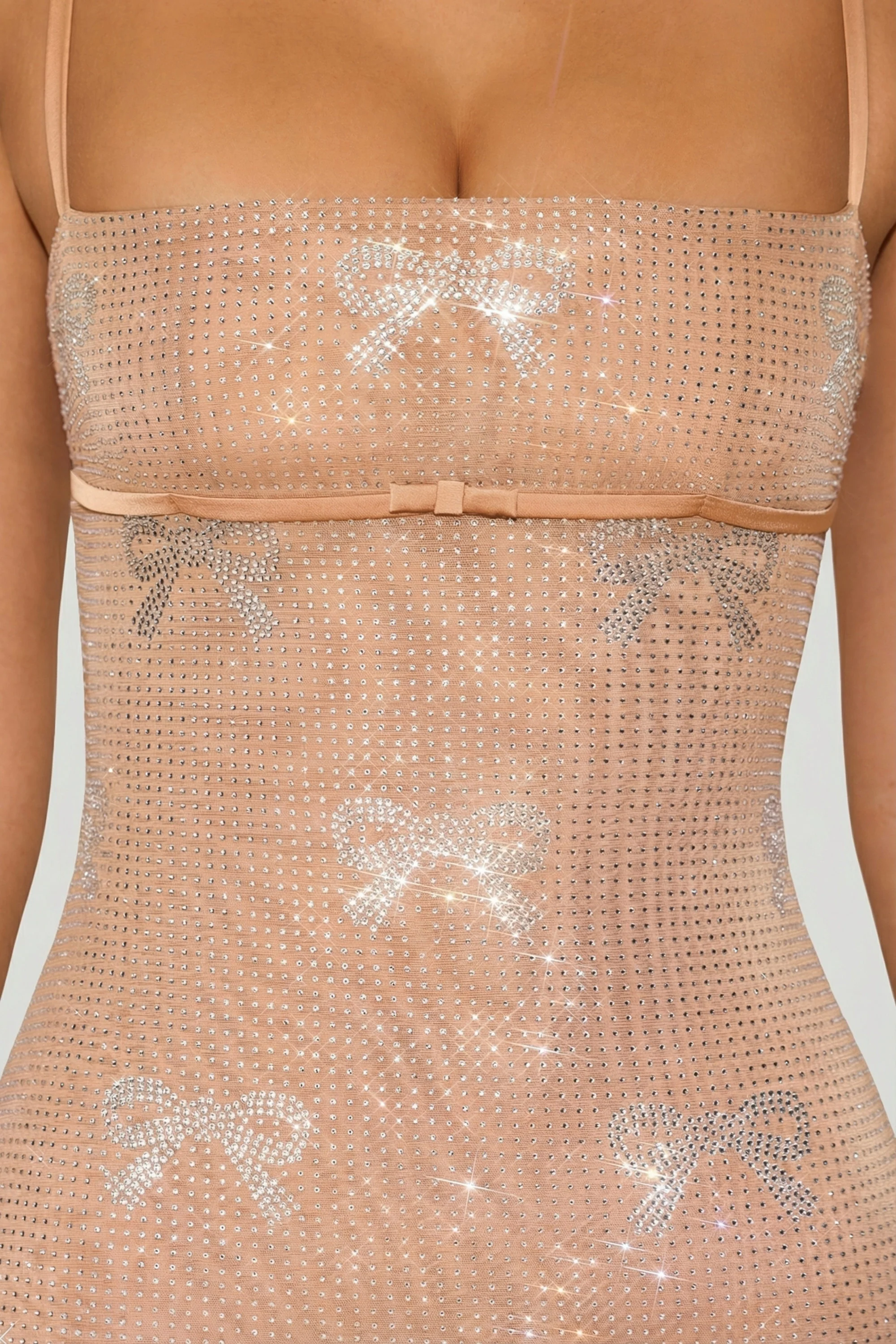 Embellished Bow-Detail Mini Dress in Almond