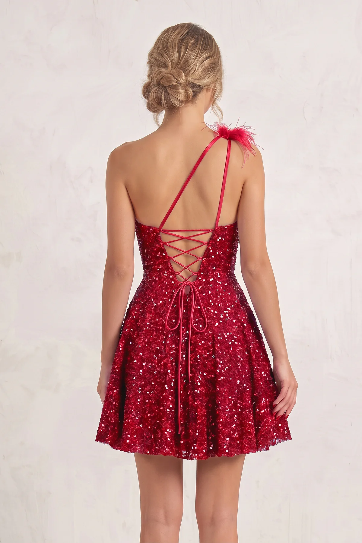 Royal Blue One Shoulder A Line Sequins Homecoming Dresses With Feathers