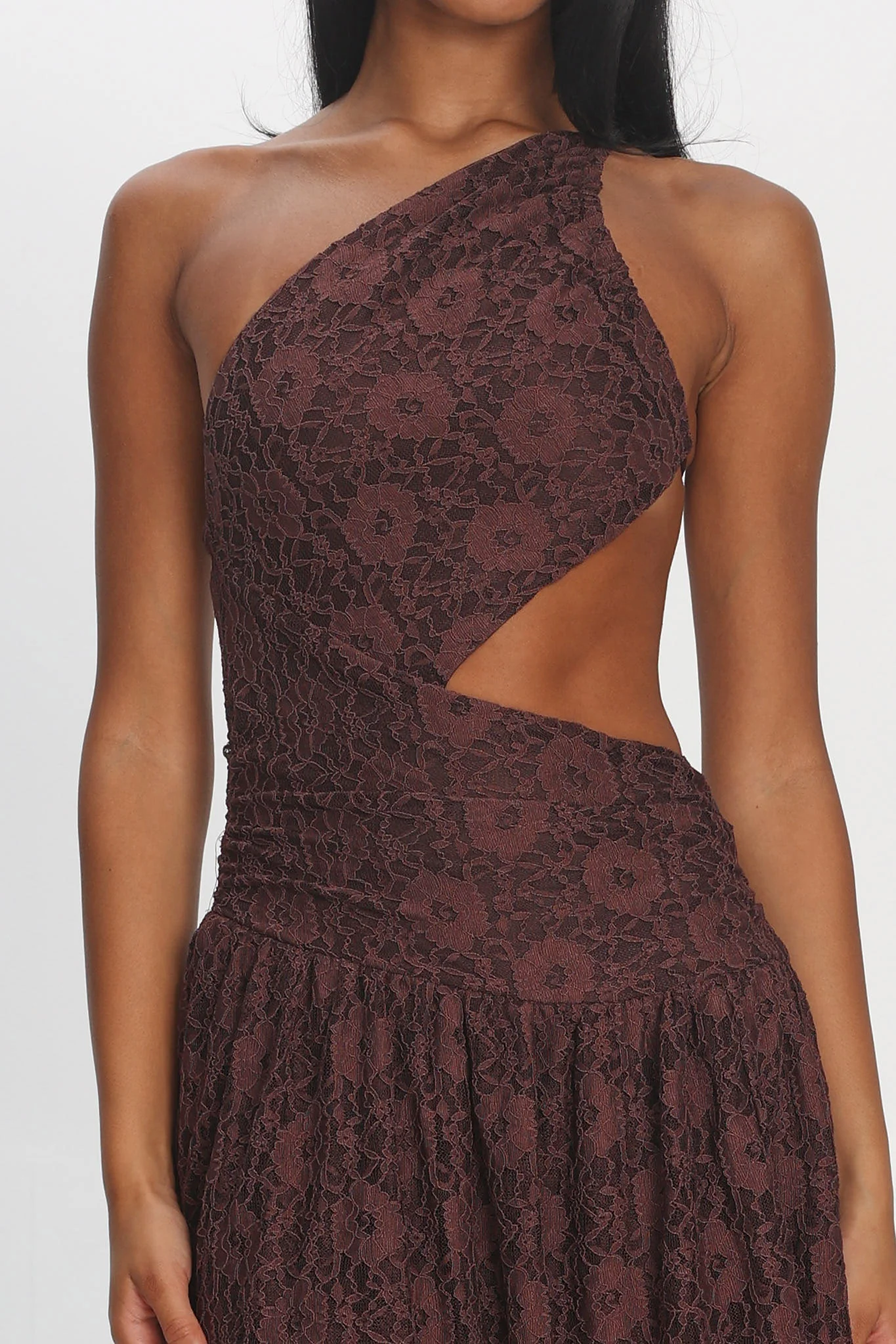 Call Back Cut-Out Waist Midi Dress Lace Chocolate - luluinthesky
