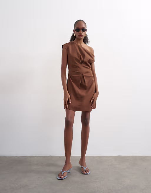 Topshop linen rich fallen shoulder mini dress with tucked waist in chocolate