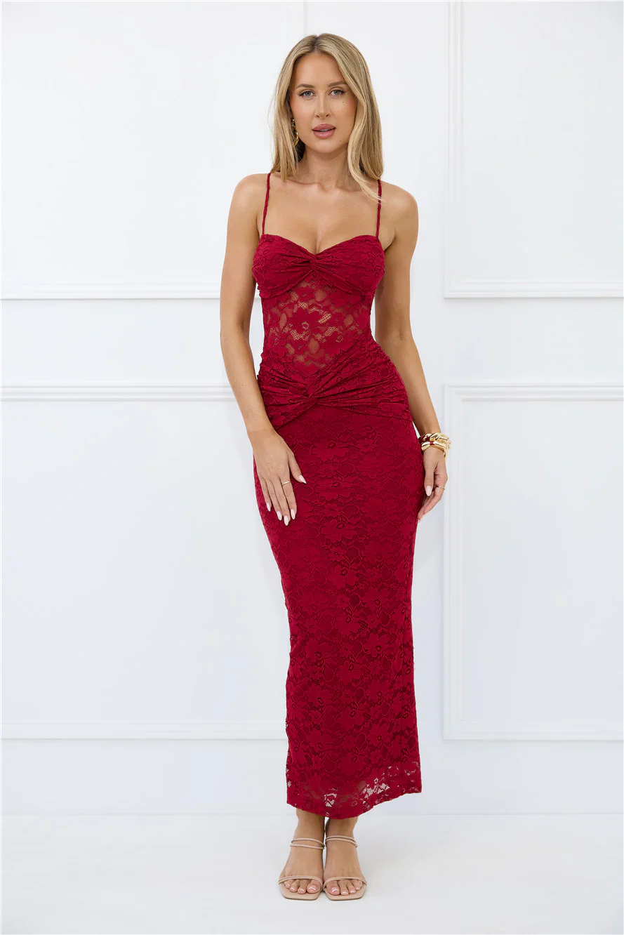 Chic After Dark Lace Maxi Dress Burgundy - luluinthesky