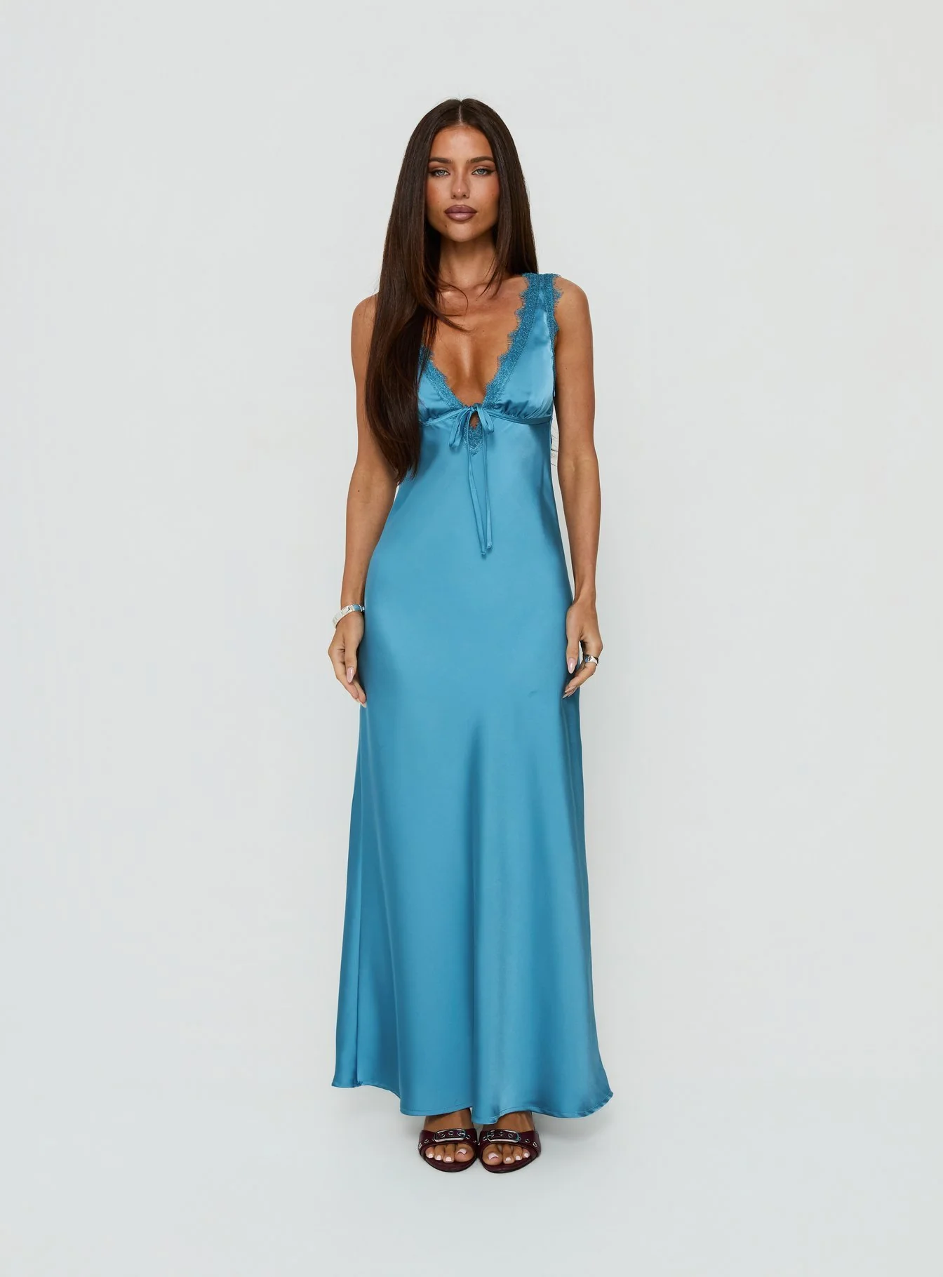 Damelia Tie Detail Lace Trim Maxi Dress Blue - luluinthesky