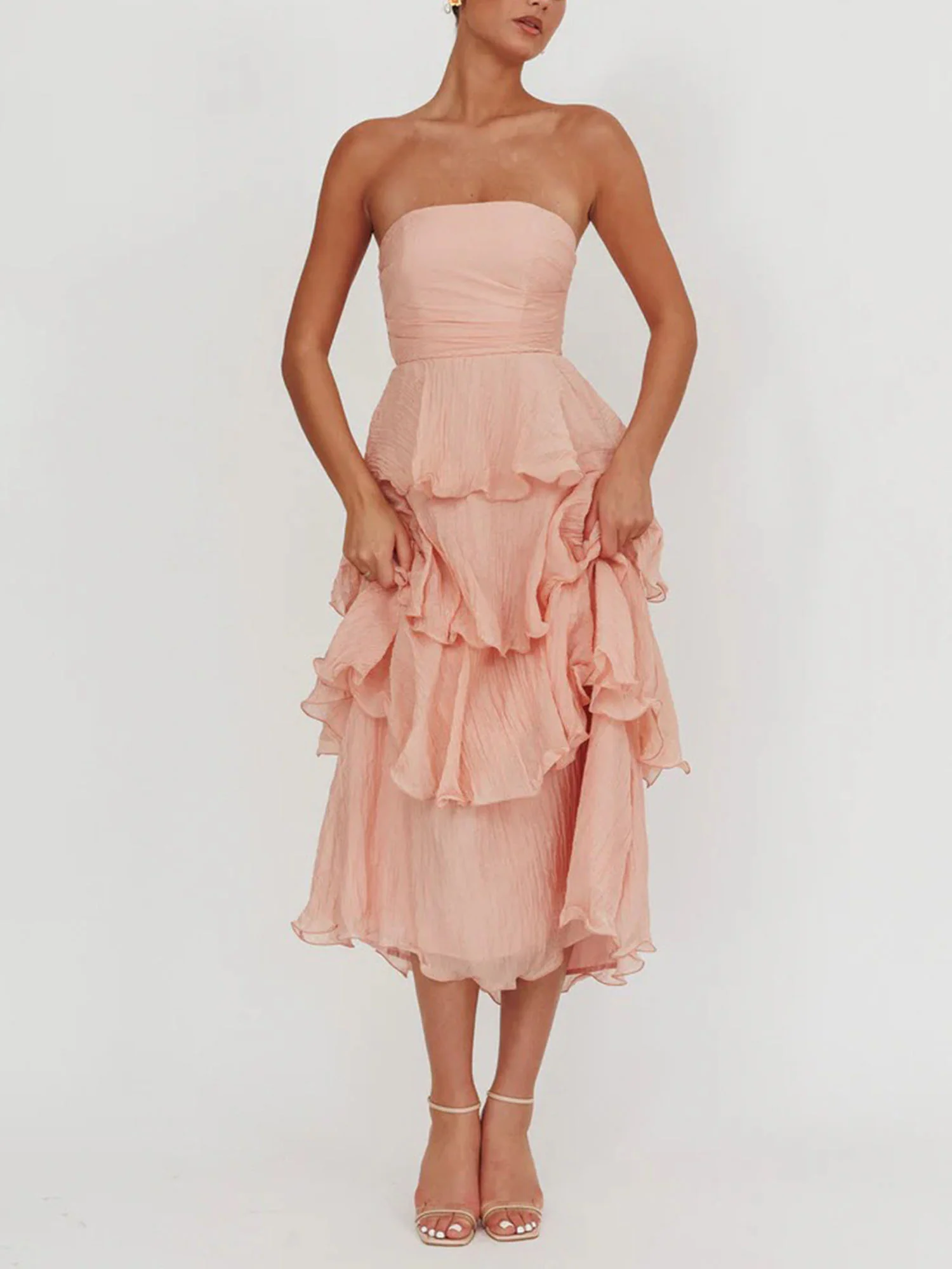 Light Pink Strapless Tiered Midi Dress
