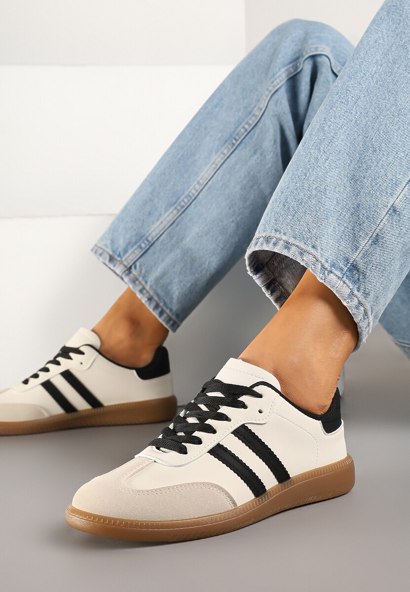 Beżowo-Czarne Casualowe Sneakersy na Płaskiej Podeszwie z Paskami Jereria
